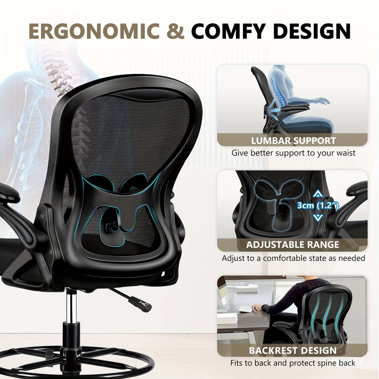 Actflame Drafting Chair Tall Office Chair With Flip-up Armrests Executive Ergonomic Computer Standing Desk Chair With Adjustable Lumbar Support And Adjustable Footrest Ring