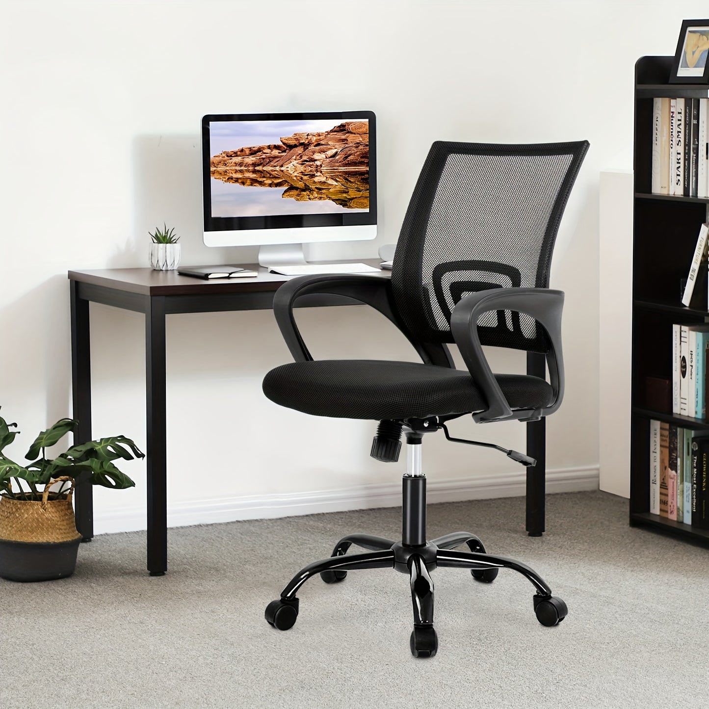 Ergonomic Mid-Back Office Chair with Lumbar Support and Armrests, Black Mesh Swivel Desk Chair on Wheels - Easy Clean, Manual Adjustment for Home and Office Use, Office Chair Cushion