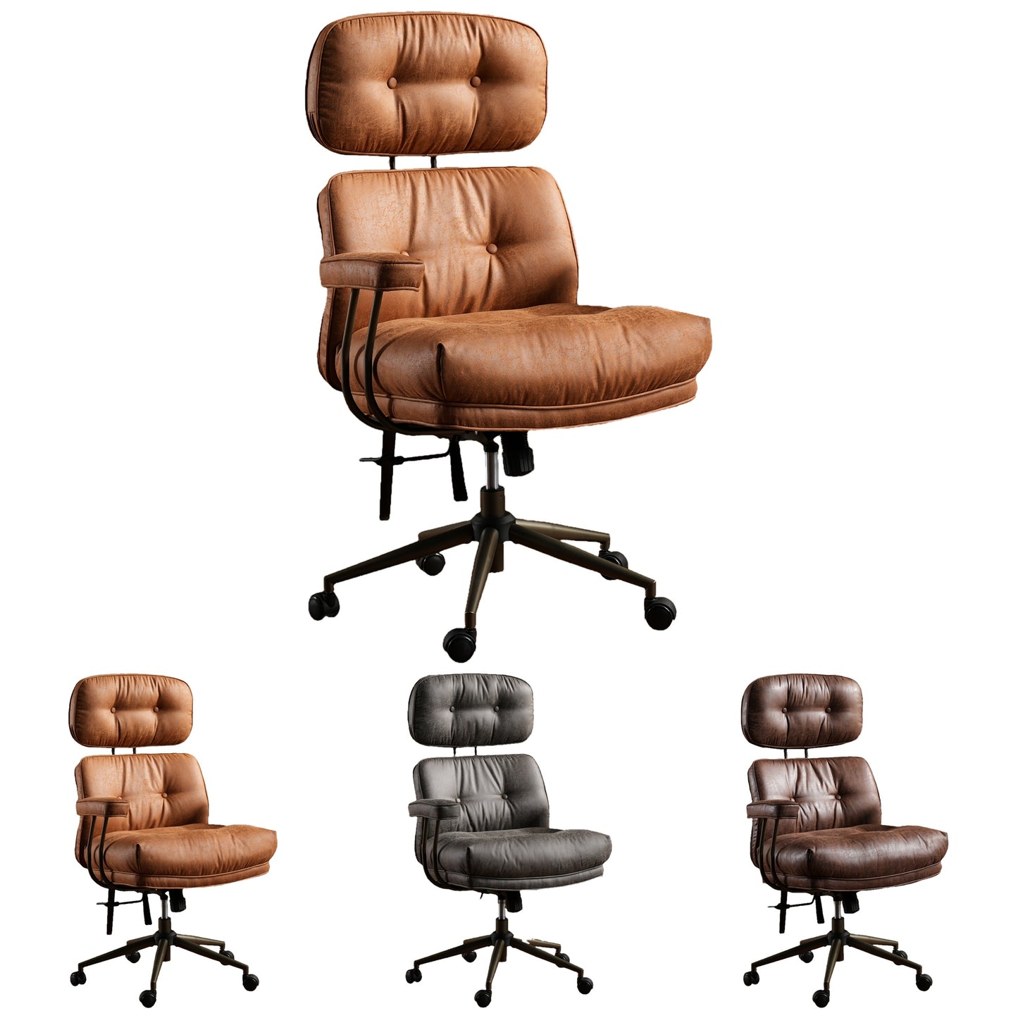 Elegant Style | Ergonomic Mid-Century Modern Suede Office Chair, High Back Adjustable Desk Chair with Padded Armrests and Lumbar Support, Stylish Executive Chair for Home Office, Brown Faux Leather-Like Finish with Metal Frame, HOOOWOOO