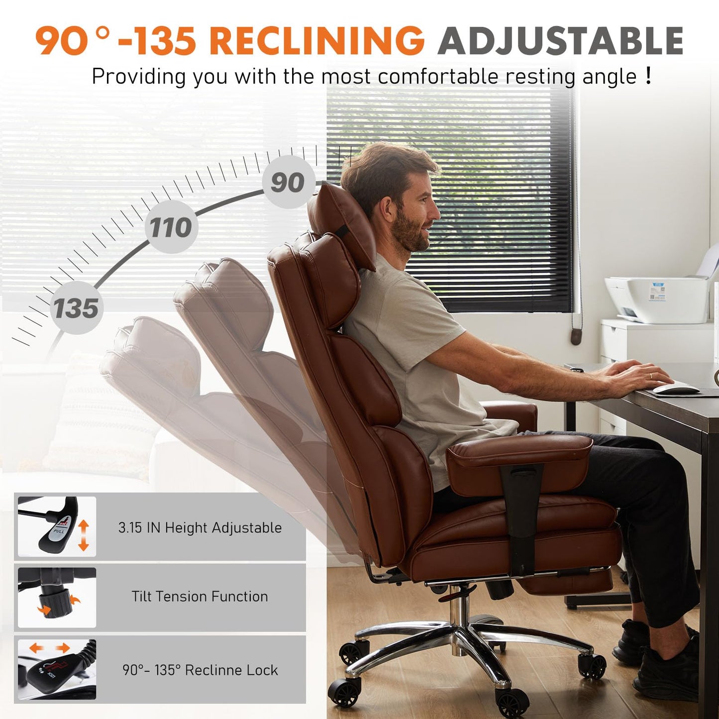 Home Office High Back Reclining Desk Chair with Footrest, Big and Tall Adjustable Height PU Leather Executive Computer Task Chair with Leg Rest and Lumbar Support, Armrest, White, Brown, Black