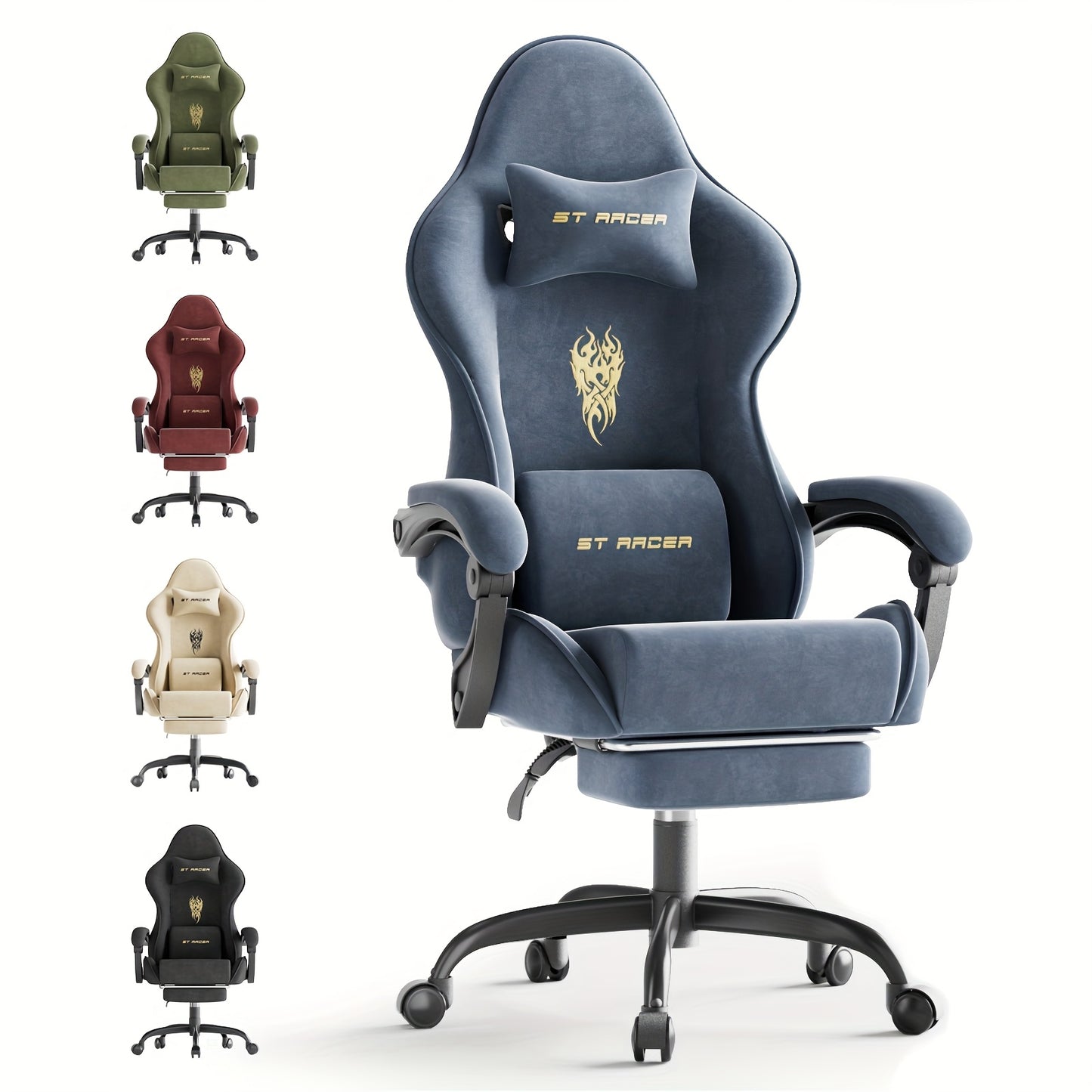 Velvet Fabric Gaming Chair, High Back Ergonomic Gamer Chair for Adult, Comfortable Video Game Chair with Footrest And Massage Lumbar Cushion