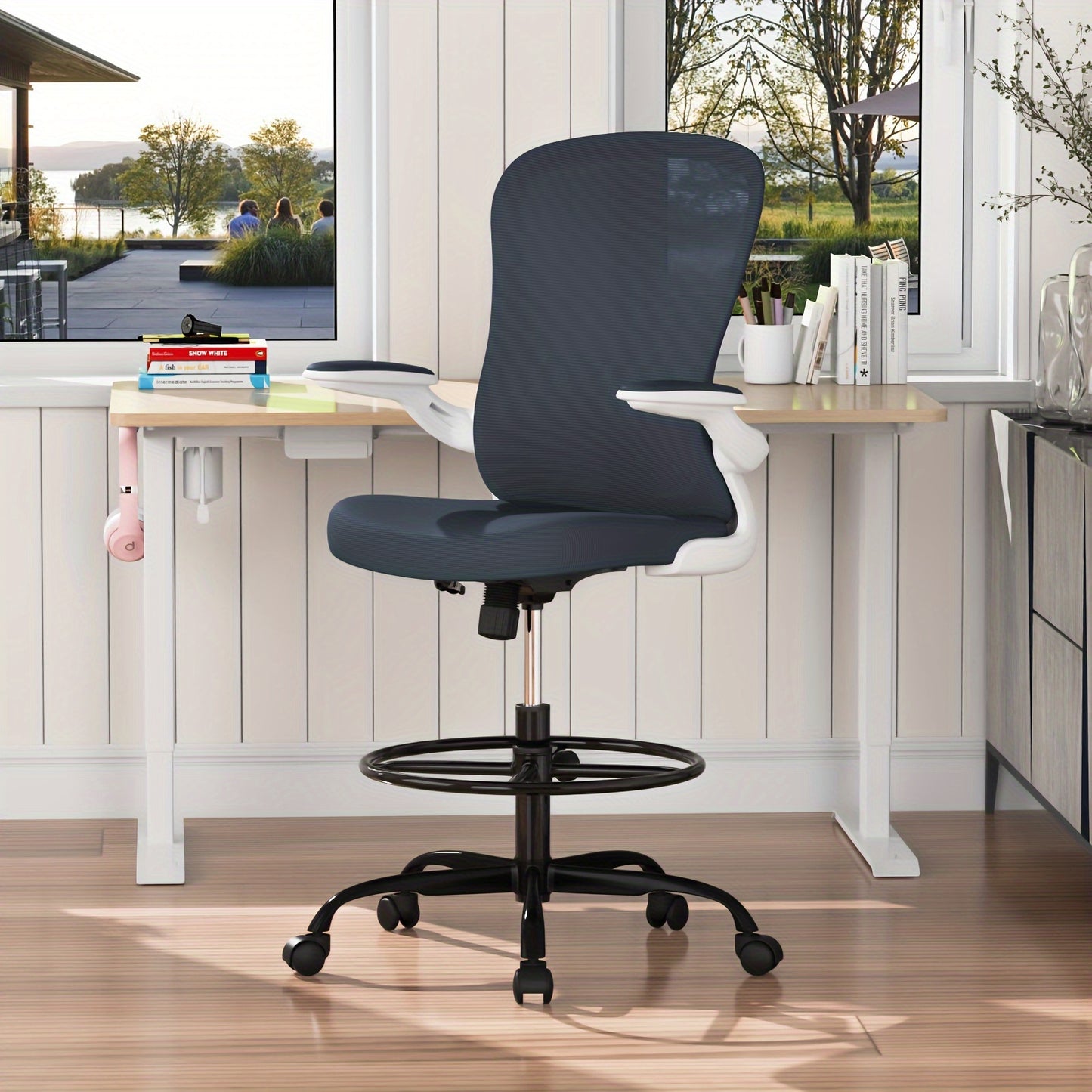 Drafting Chair, Tall Office Chair with Flip-up Armrests Executive Ergonomic Computer Standing Desk Chair, Office Drafting Chair with Lumbar Support and Adjustable Footrest Ring