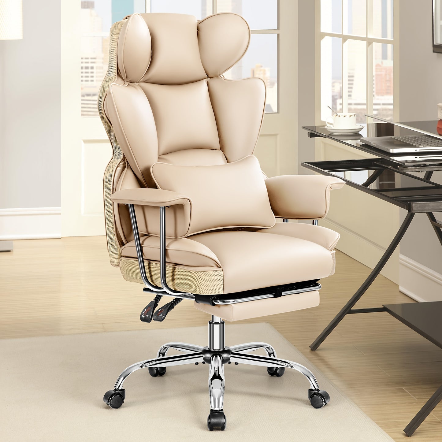 KERDOM Office Desk Chair, Big & Tall Executive Office Chair With Footrest, Beautiful PU Leather Computer Chair, Ergonomic Reclining Chair High Back With Lumbar Support, Large Home Office Chair With Pillow Soft White Leather Chair Christmas Gift Chair