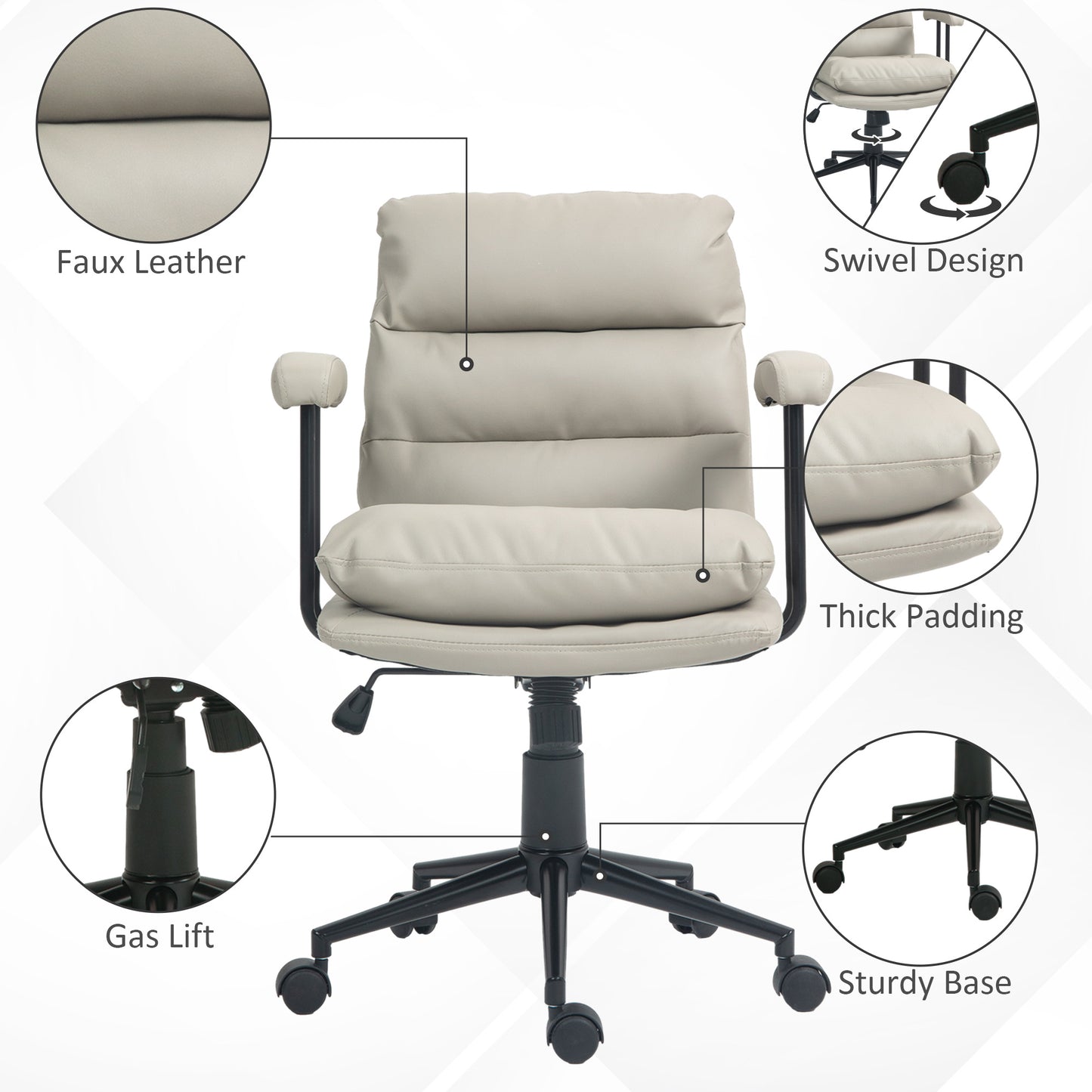 HOMCOM PU Leather Office Chair, Office Desk Chair, Task Computer Chair with Swivel Wheels, Adjustable Height, Double-tier Padded, Beige