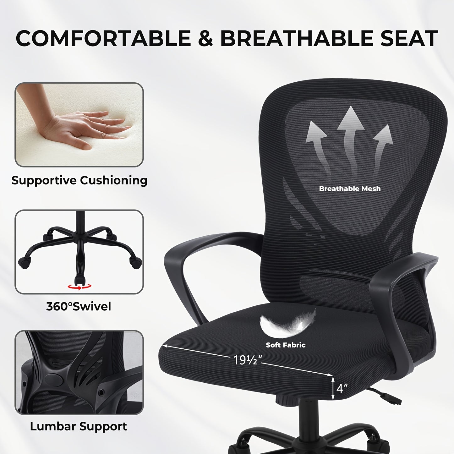 Ergonomic Office Chair, Mesh Home Office Chair, Lumbar Support, Height Adjustable, 360° Five-wheel Swivel Chair, Breathable Mesh Back & Comfortable Seat & Lumbar Support, Partner Chair For Office And Conference Room & Best Choice For Office People