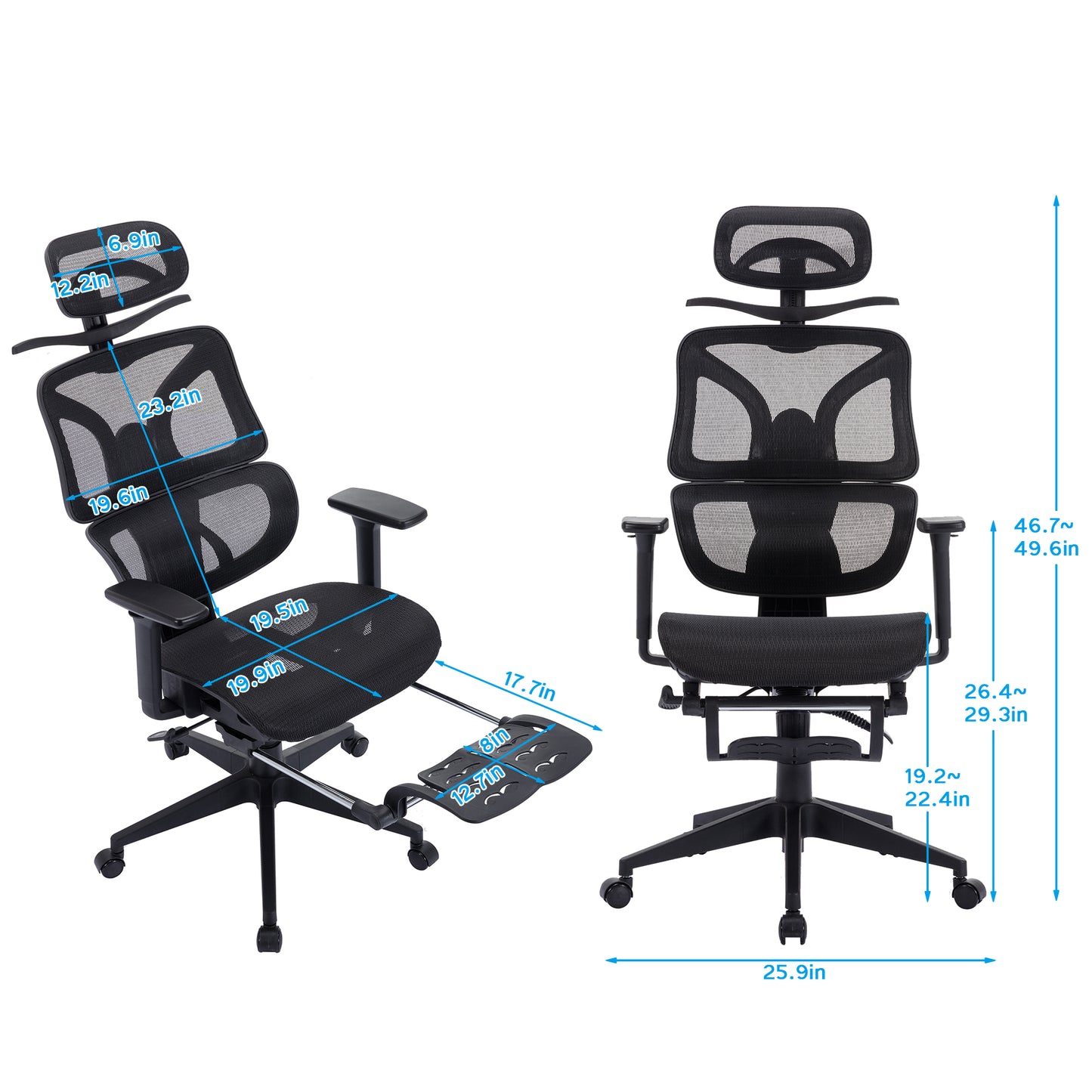 VECELO Ergonomic High Back Mesh Office Chair with Retractable Footrest, Backrest Tilt Function Adjustable, Black