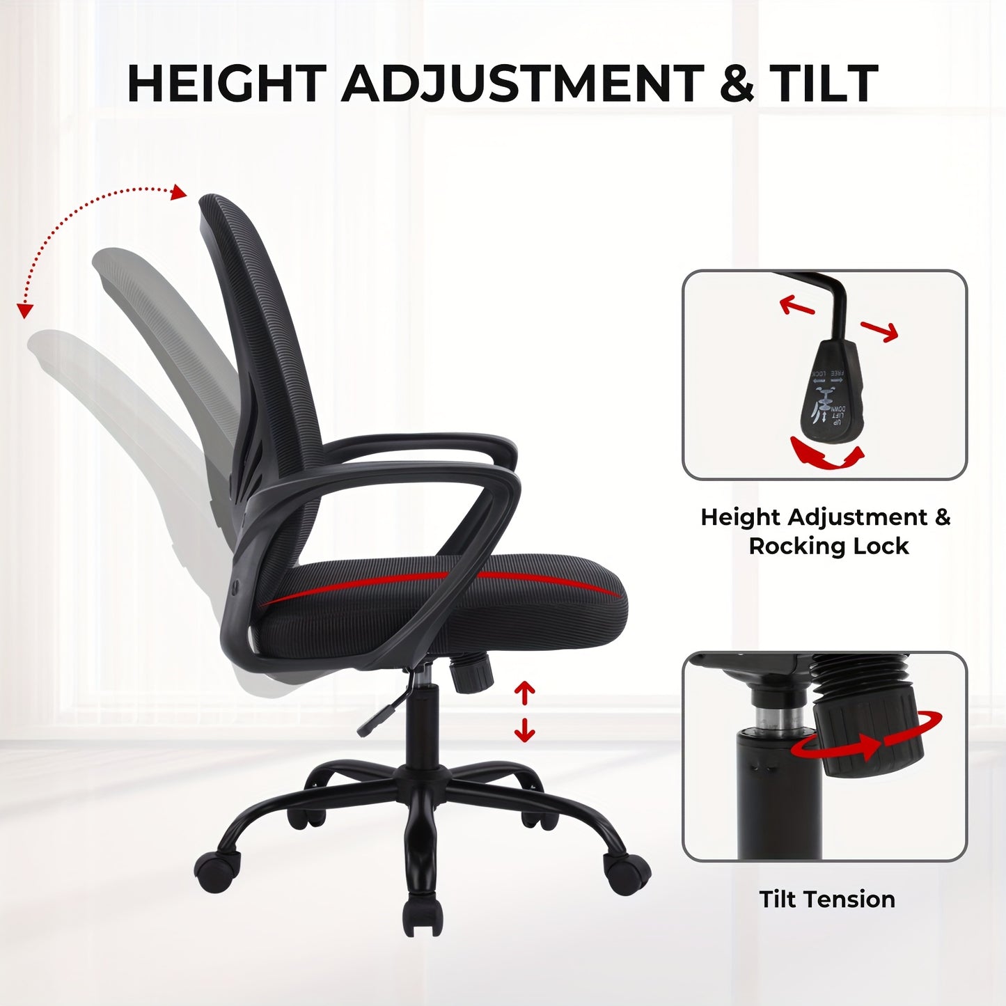 Ergonomic Office Chair, Mesh Home Office Chair, Lumbar Support, Height Adjustable, 360° Five-wheel Swivel Chair, Breathable Mesh Back & Comfortable Seat & Lumbar Support, Partner Chair For Office And Conference Room & Best Choice For Office People