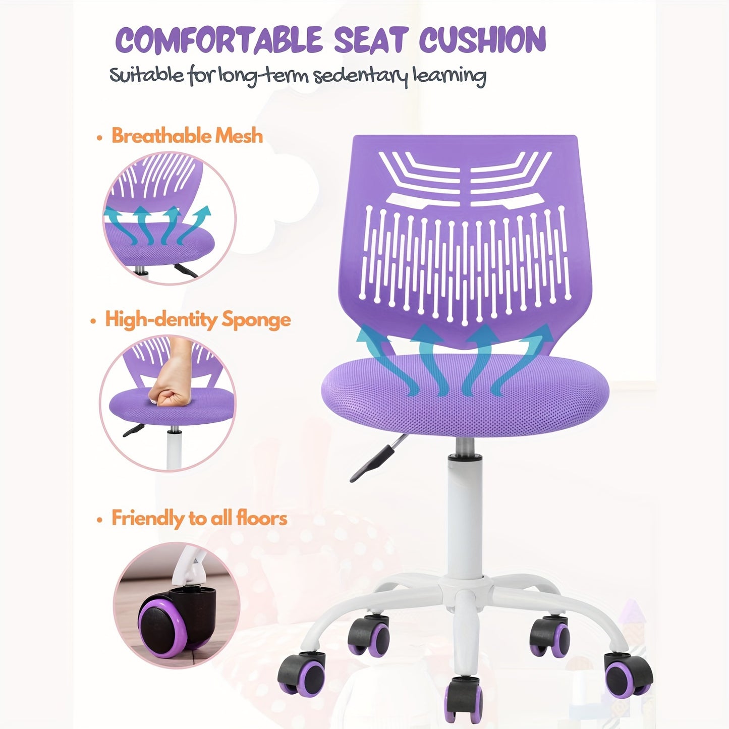 1pc Ergonomic Task Chair, Armless Desk Chair with Mesh Padded Cushion, Swivel Study Chair with Rolling Wheels, Open Back, Fabric Material, Non-Electric, Wipe Clean Care, for Hard Floor - Purple\u002FRose\u002FGreen, Office Chair Cushion