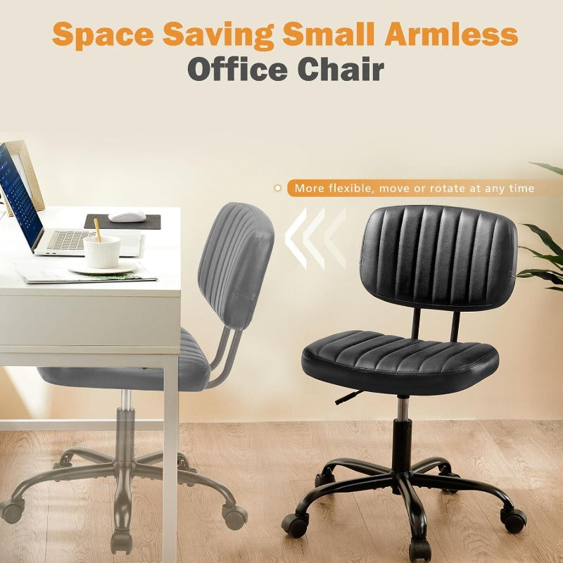 Small Office Desk Chair with Wheels Armless Comfy Computer Chair with Lumbar Support PU Leather Low Back Adjustable Height 360° Rolling Swivel Task Chair Without Arm for Home Bedroom