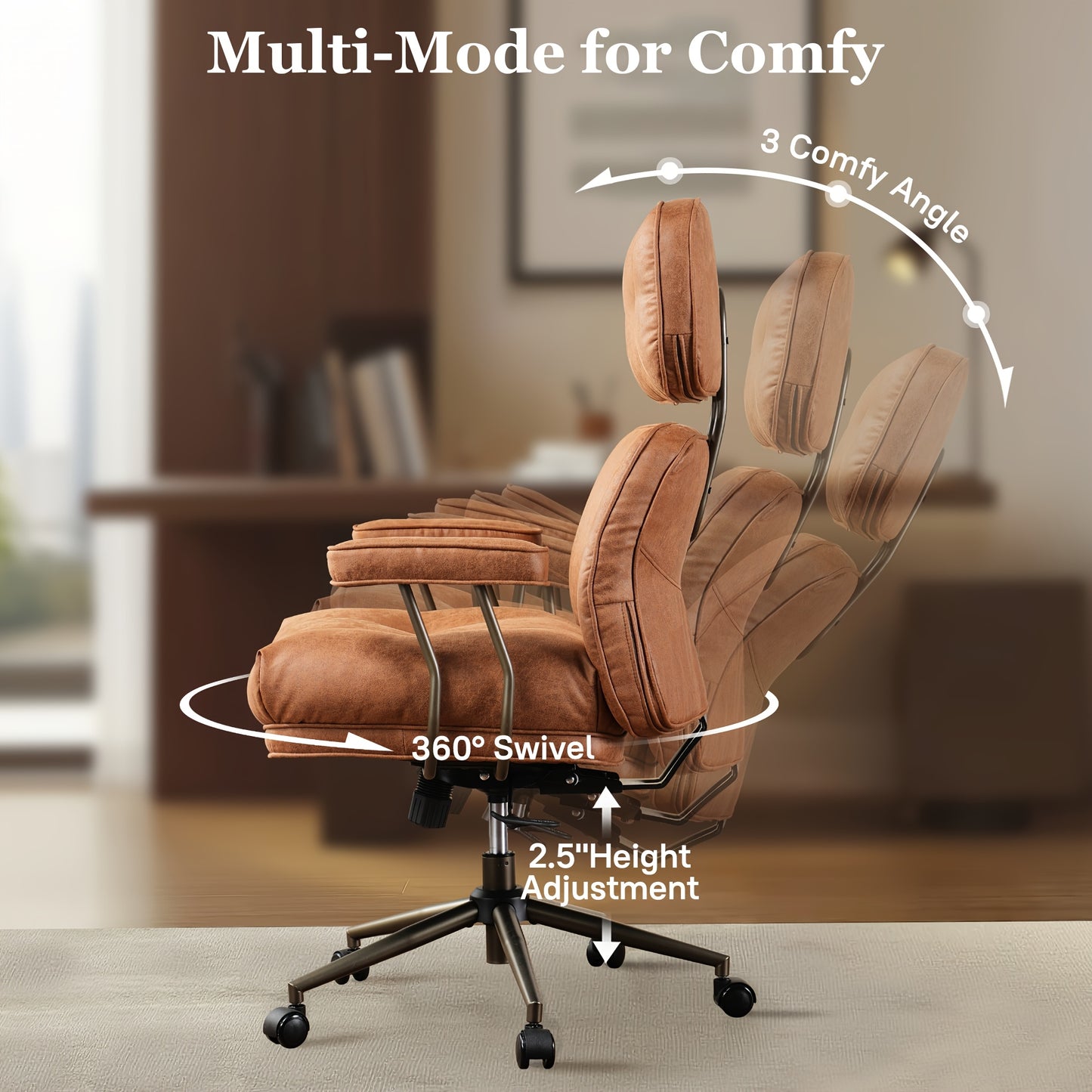 Elegant Style | Ergonomic Mid-Century Modern Suede Office Chair, High Back Adjustable Desk Chair with Padded Armrests and Lumbar Support, Stylish Executive Chair for Home Office, Brown Faux Leather-Like Finish with Metal Frame, HOOOWOOO