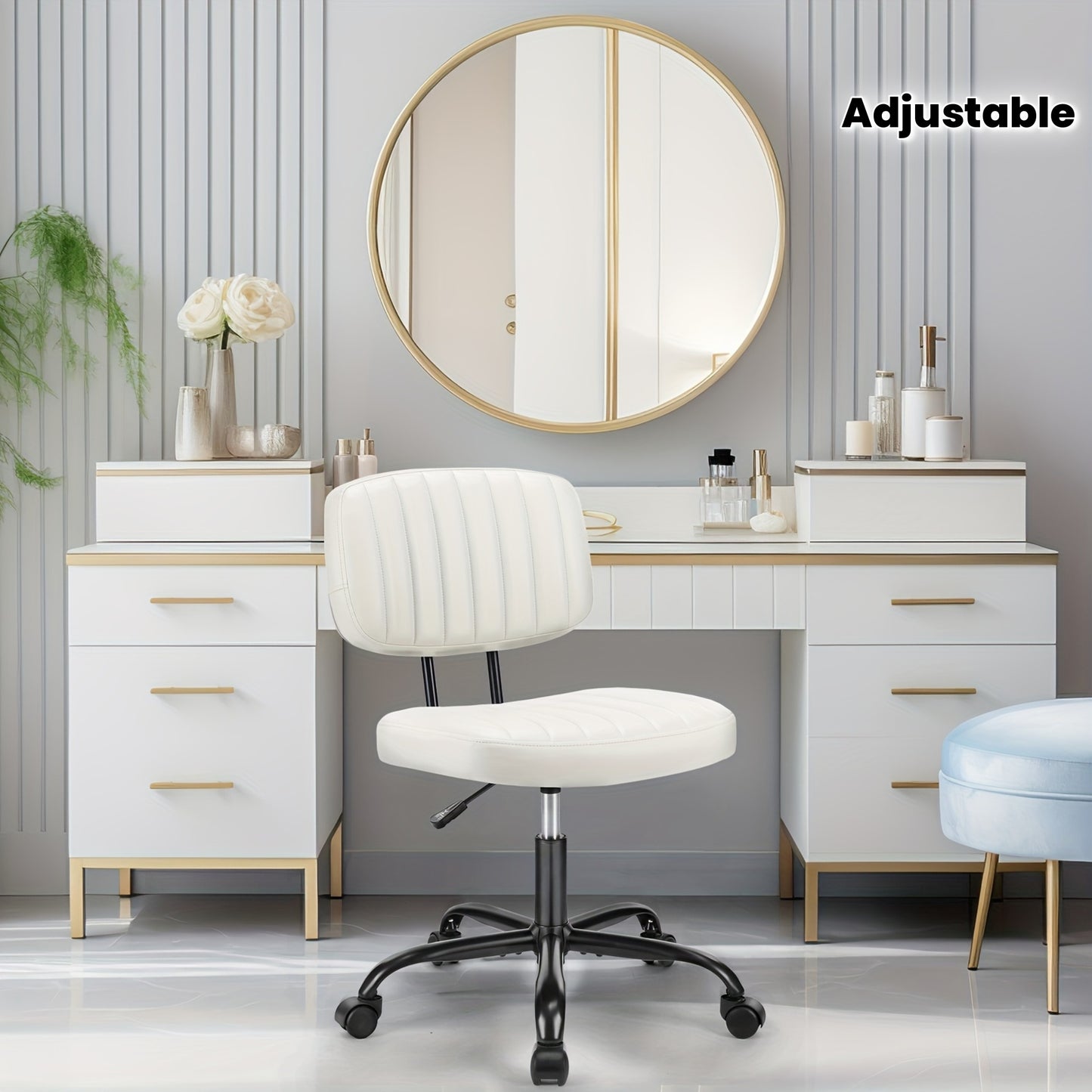 Edx Armless Home Office Chair Ergonomic Desk With Comfy Low Back Lumbar Support, Height Adjustable PU Leather Computer Task With 360° Swivel Wheels, For Small Space