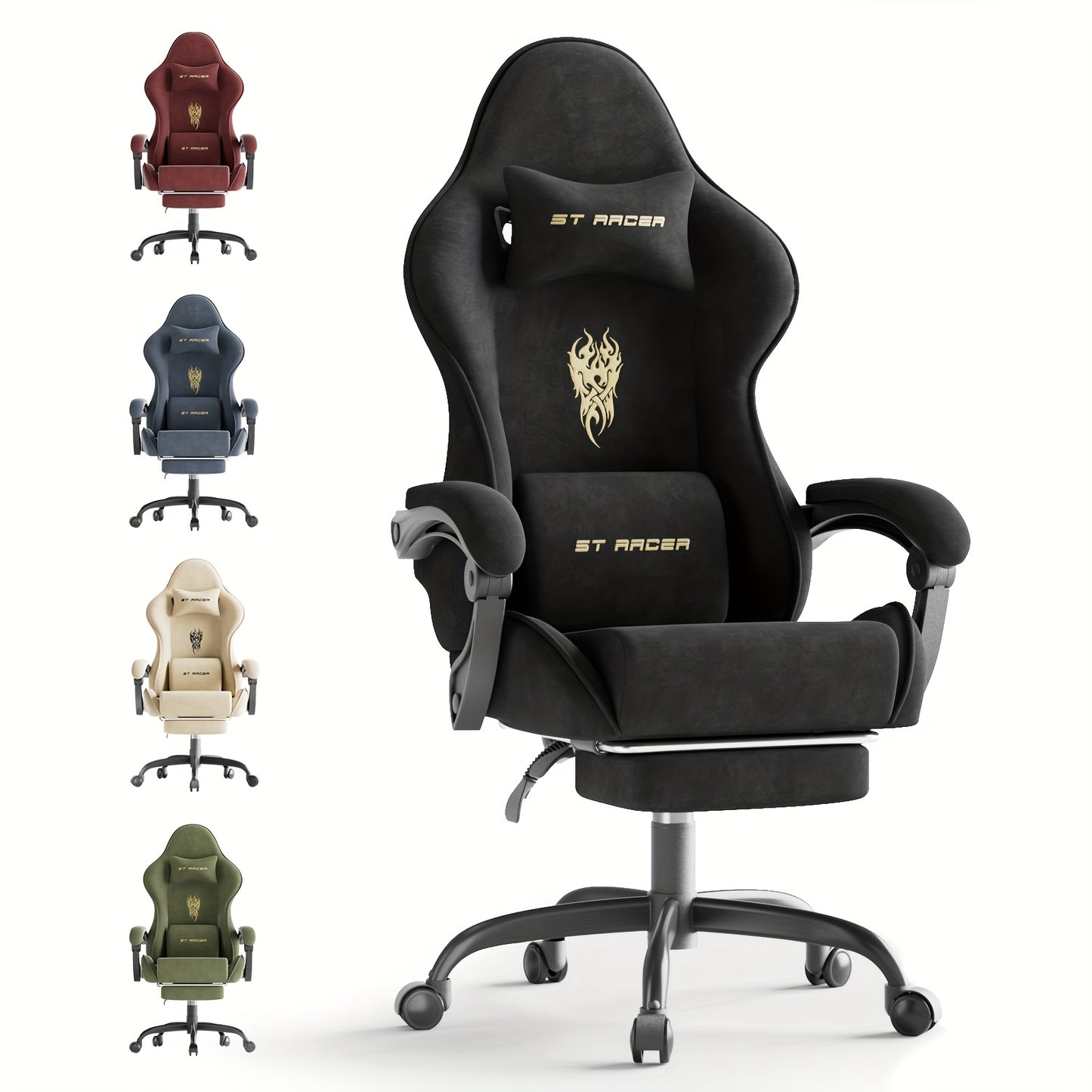 Velvet Fabric Gaming Chair, High Back Ergonomic Gamer Chair for Adult, Comfortable Video Game Chair with Footrest And Massage Lumbar Cushion