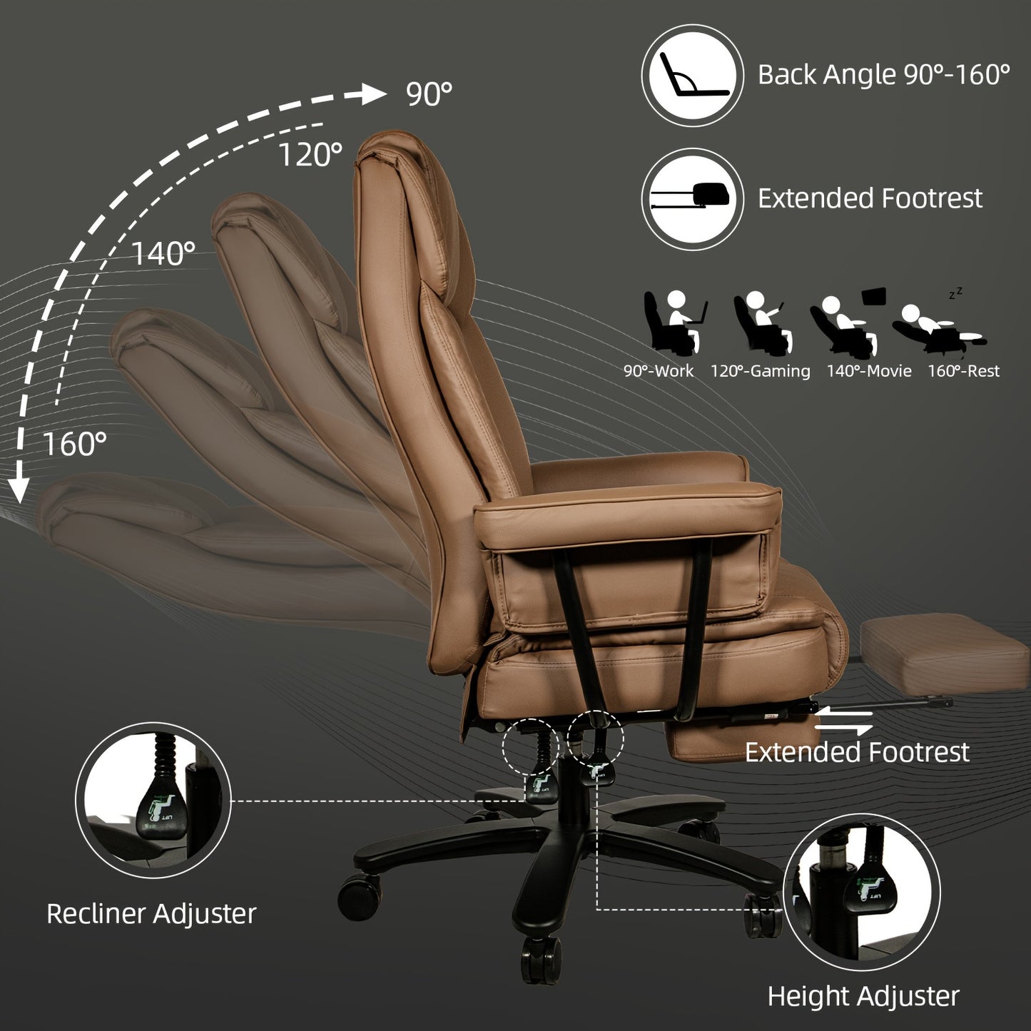 Big and Tall Office Chair 400LBS with Wide Seat and Arms, 160° Reclining Office Chair with Footrest, Comfortable Executive Office Desk Chair High Back, Computer Chair Home Office