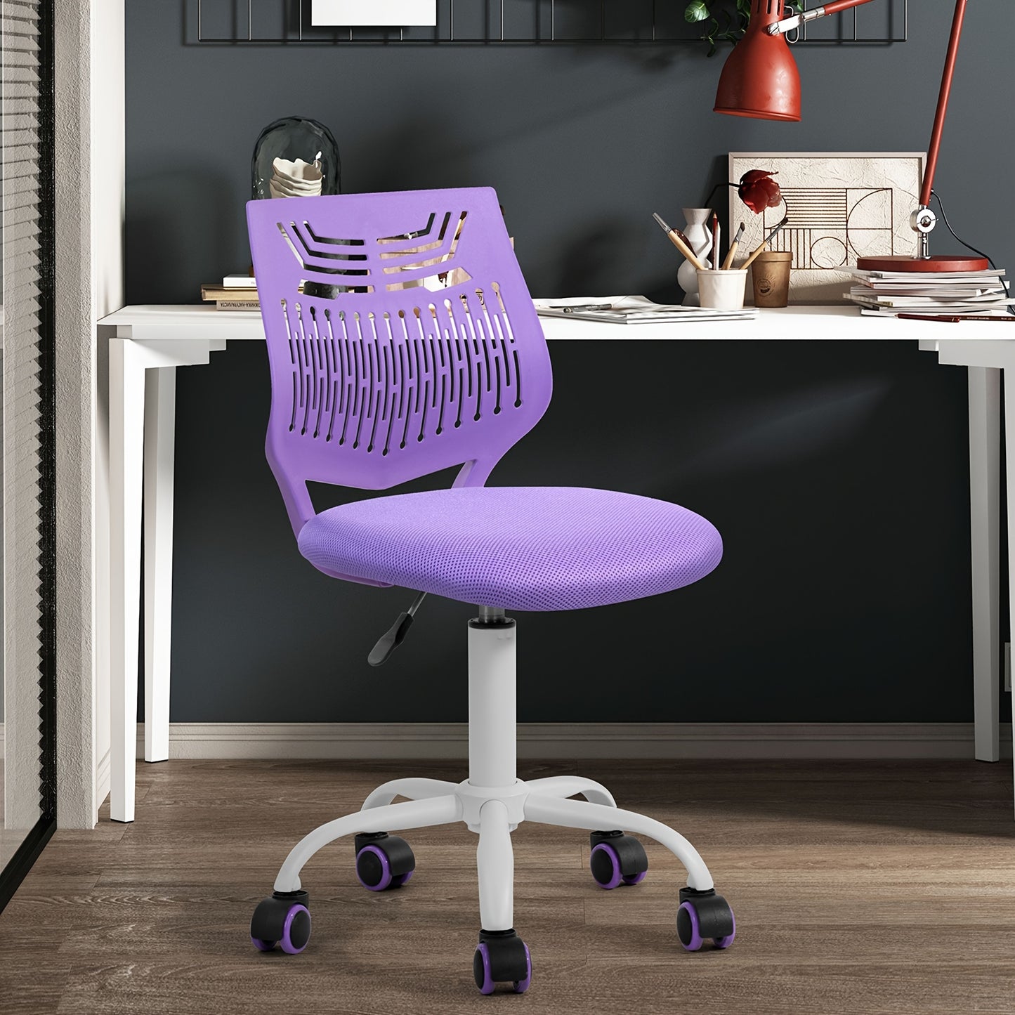 1pc Ergonomic Task Chair, Armless Desk Chair with Mesh Padded Cushion, Swivel Study Chair with Rolling Wheels, Open Back, Fabric Material, Non-Electric, Wipe Clean Care, for Hard Floor - Purple\u002FRose\u002FGreen, Office Chair Cushion