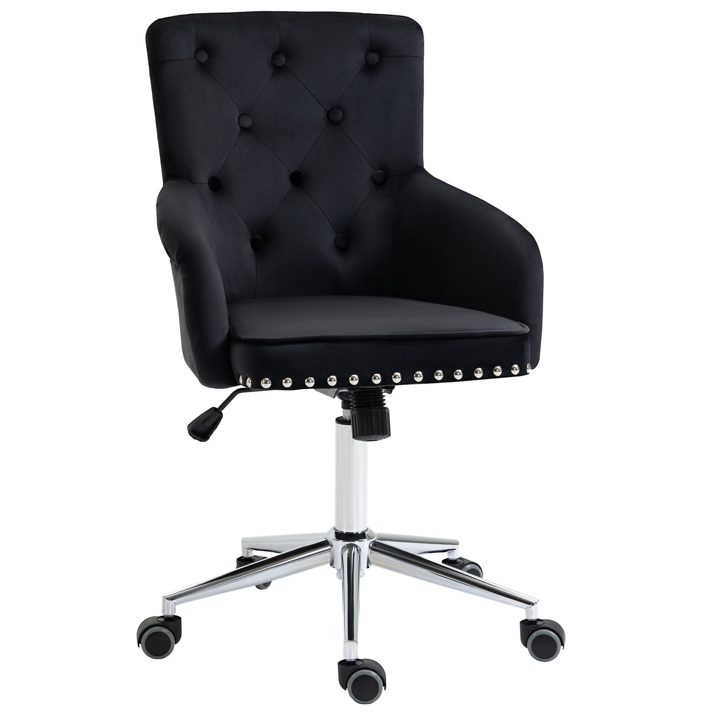 HOMCOM Modern Mid-back Desk Chair with Button Tufted Velvet Back, Nailhead Trim, Swivel Home Office Chair with Adjustable Height, Curved Padded Armrests, Black