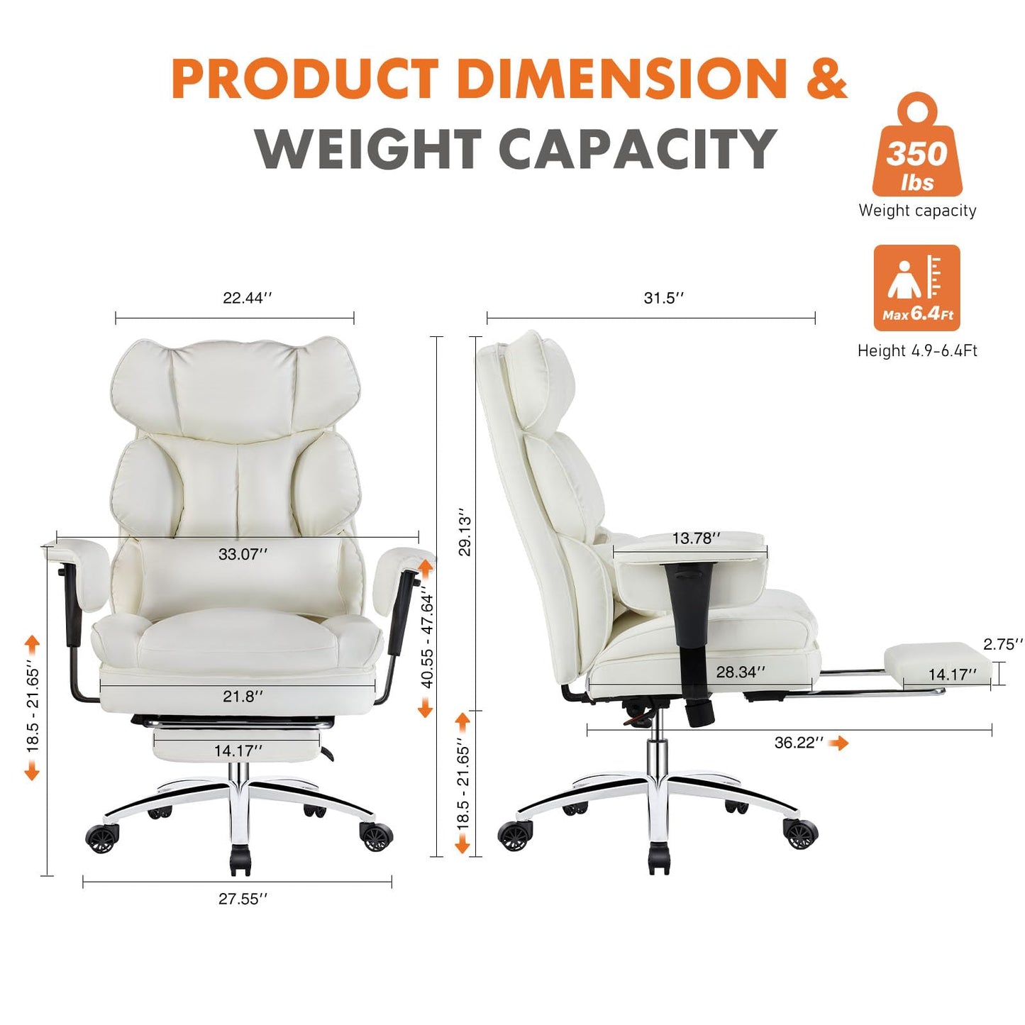 Home Office High Back Reclining Desk Chair with Footrest, Big and Tall Adjustable Height PU Leather Executive Computer Task Chair with Leg Rest and Lumbar Support, Armrest, White, Brown, Black