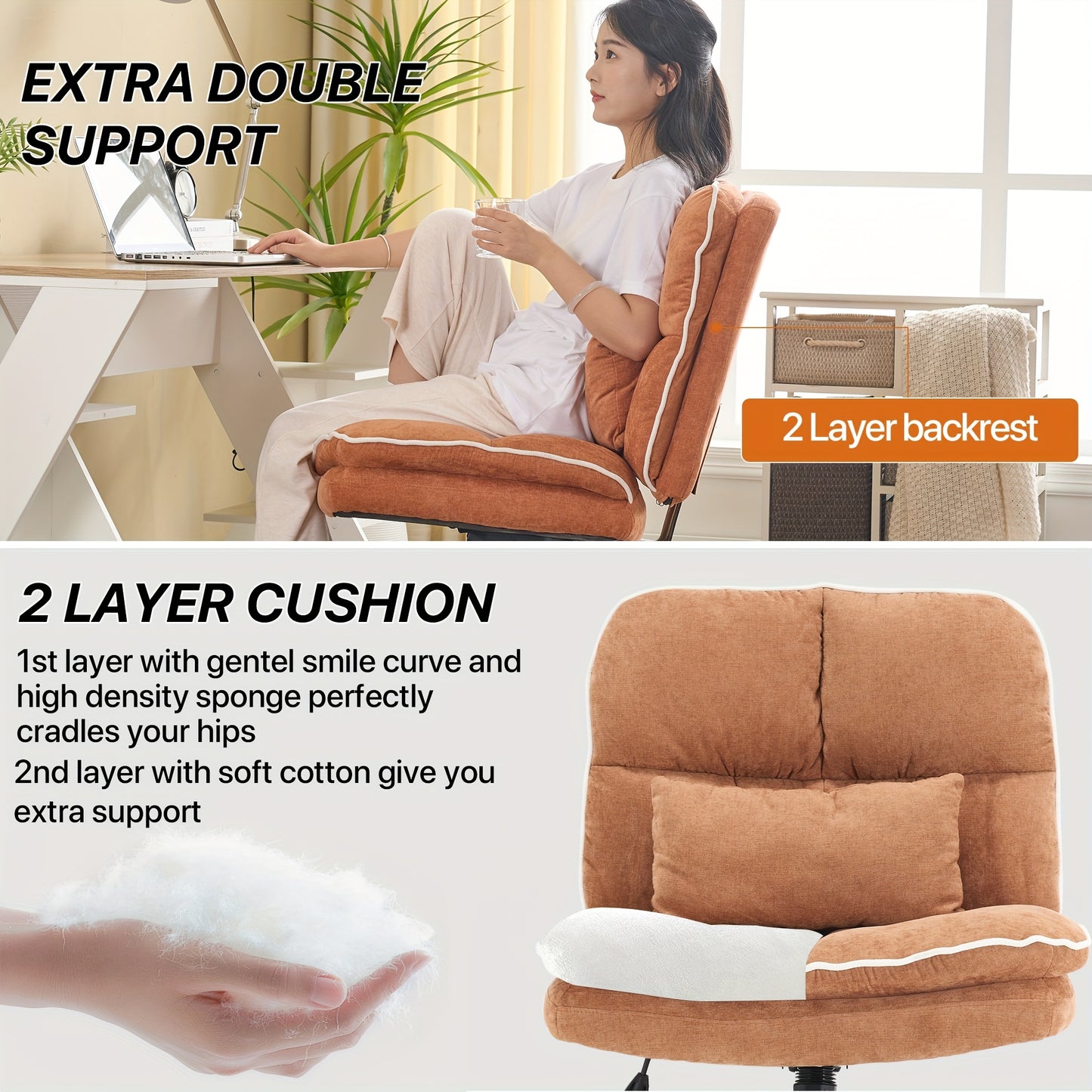 Armless Office Chair, Criss Cross Legged Desk Chair With Wheels, Modern Home Office Desk Chair With Thickened Cushion, Height Adjustable Swivel Fabric Computer Chair