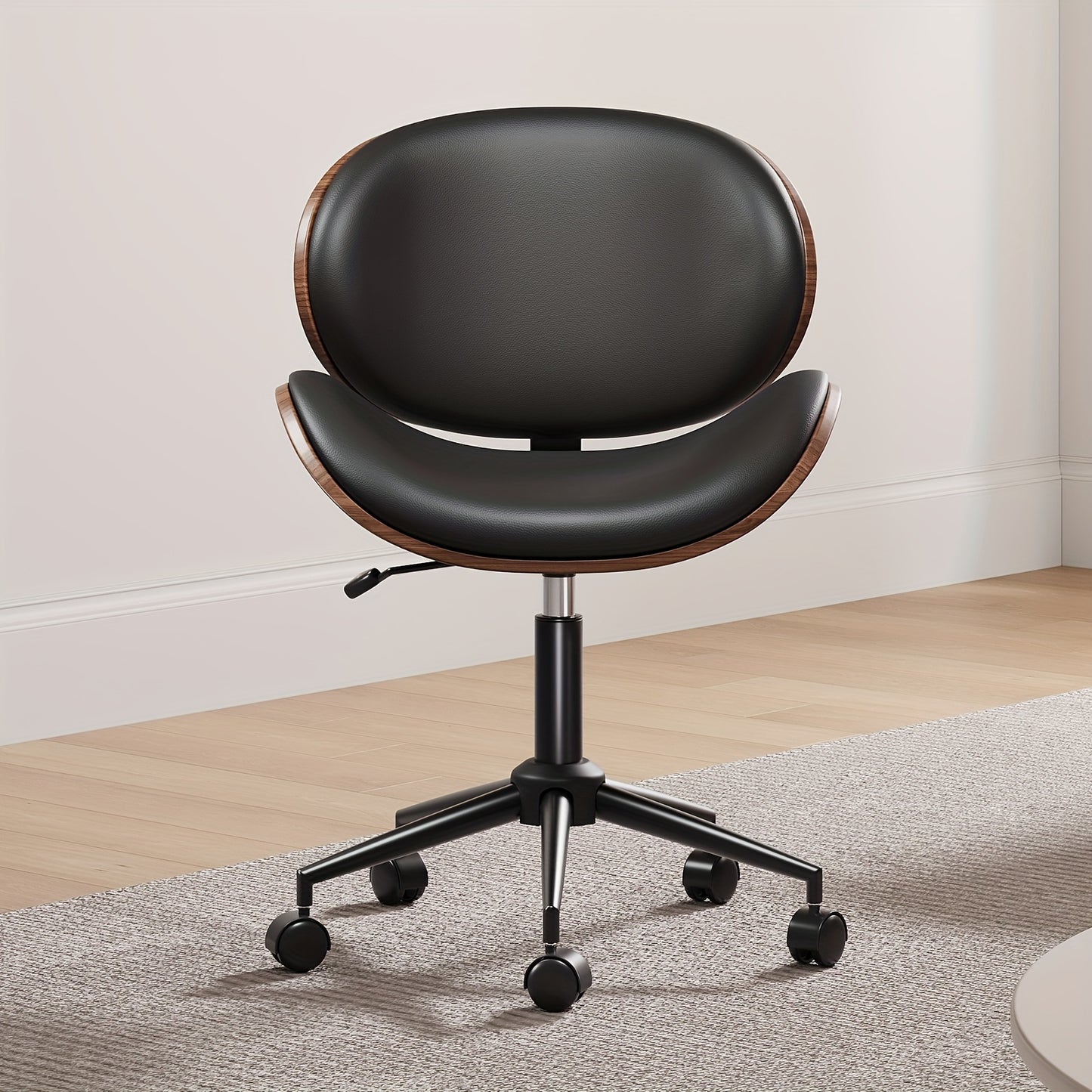 Ergonomic Home Office Desk Chair: Modern Mid-Century Armless Design With PU Leather, Bentwood, 360° Swivel Wheels, Adjustable Seat Height For Office, Study, Bedroom