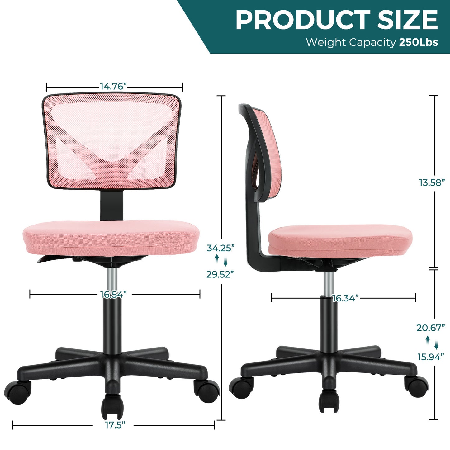 IDLE WAY Small Office Desk Chair with Wheels, Modern Rolling Armless Office Chair with Height Adjustable Comfortable Support, Cute Vanity Chair for Home Bedroom Office Study Make-up, Dressing Room