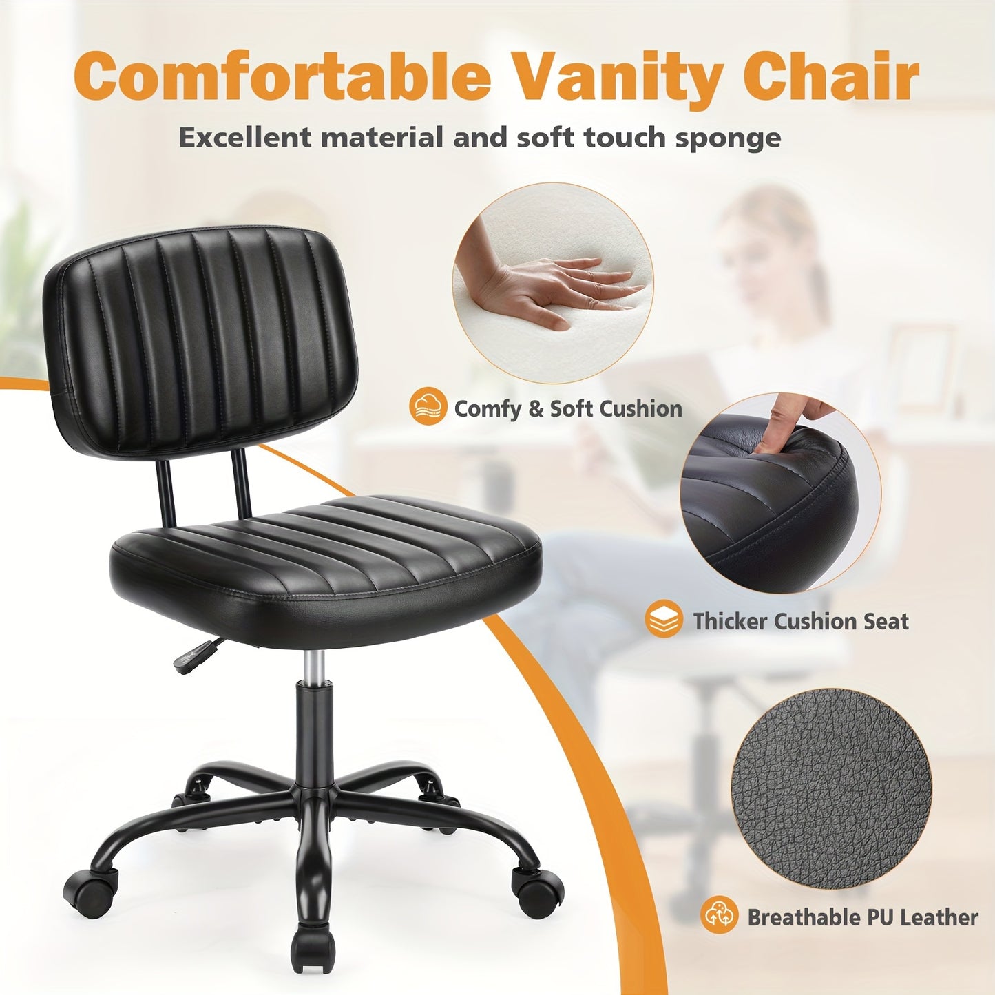 Idle Way Compact PU Leather Office Chair with Lumbar Support- Stylish Armless Swivel Task Chair on Wheels for Home Office and Study- Comfortable and Functional