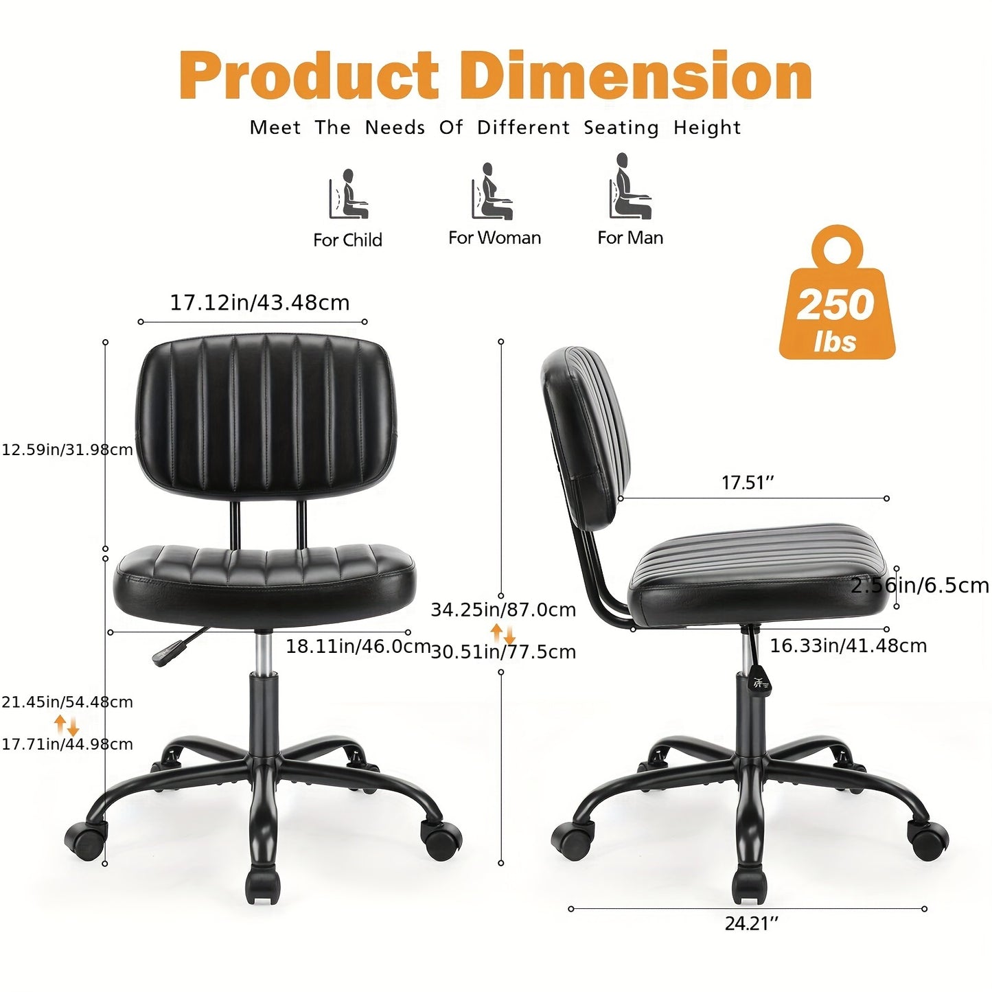 Idle Way Compact PU Leather Office Chair with Lumbar Support- Stylish Armless Swivel Task Chair on Wheels for Home Office and Study- Comfortable and Functional