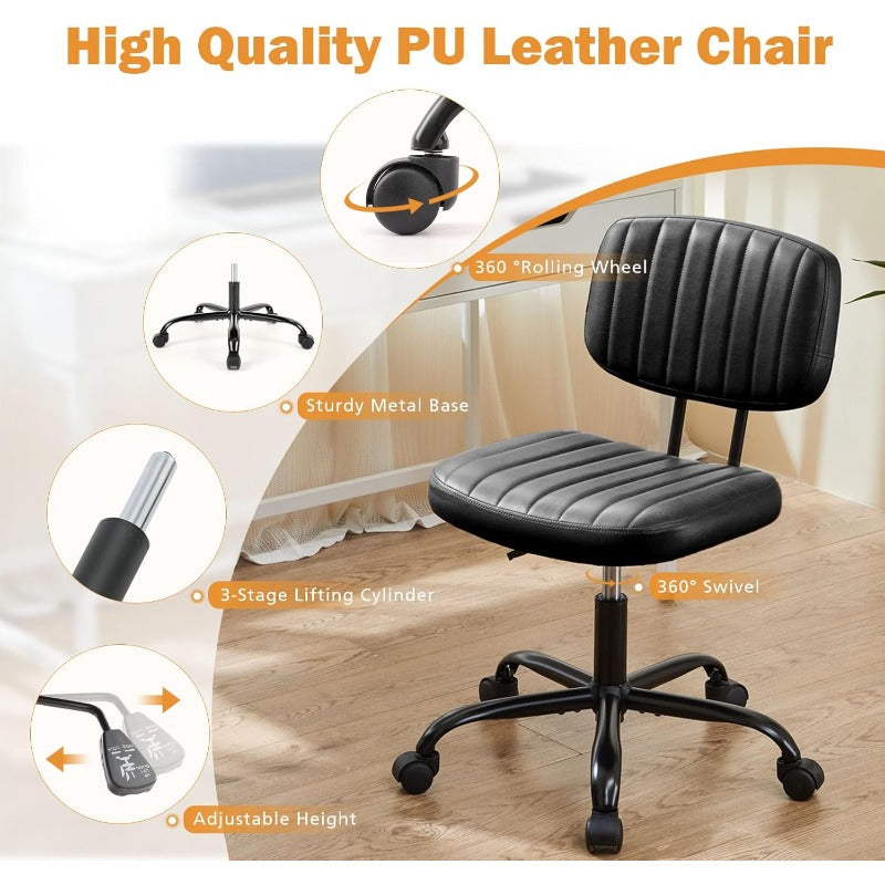 Small Office Desk Chair with Wheels Armless Comfy Computer Chair with Lumbar Support PU Leather Low Back Adjustable Height 360° Rolling Swivel Task Chair Without Arm for Home Bedroom