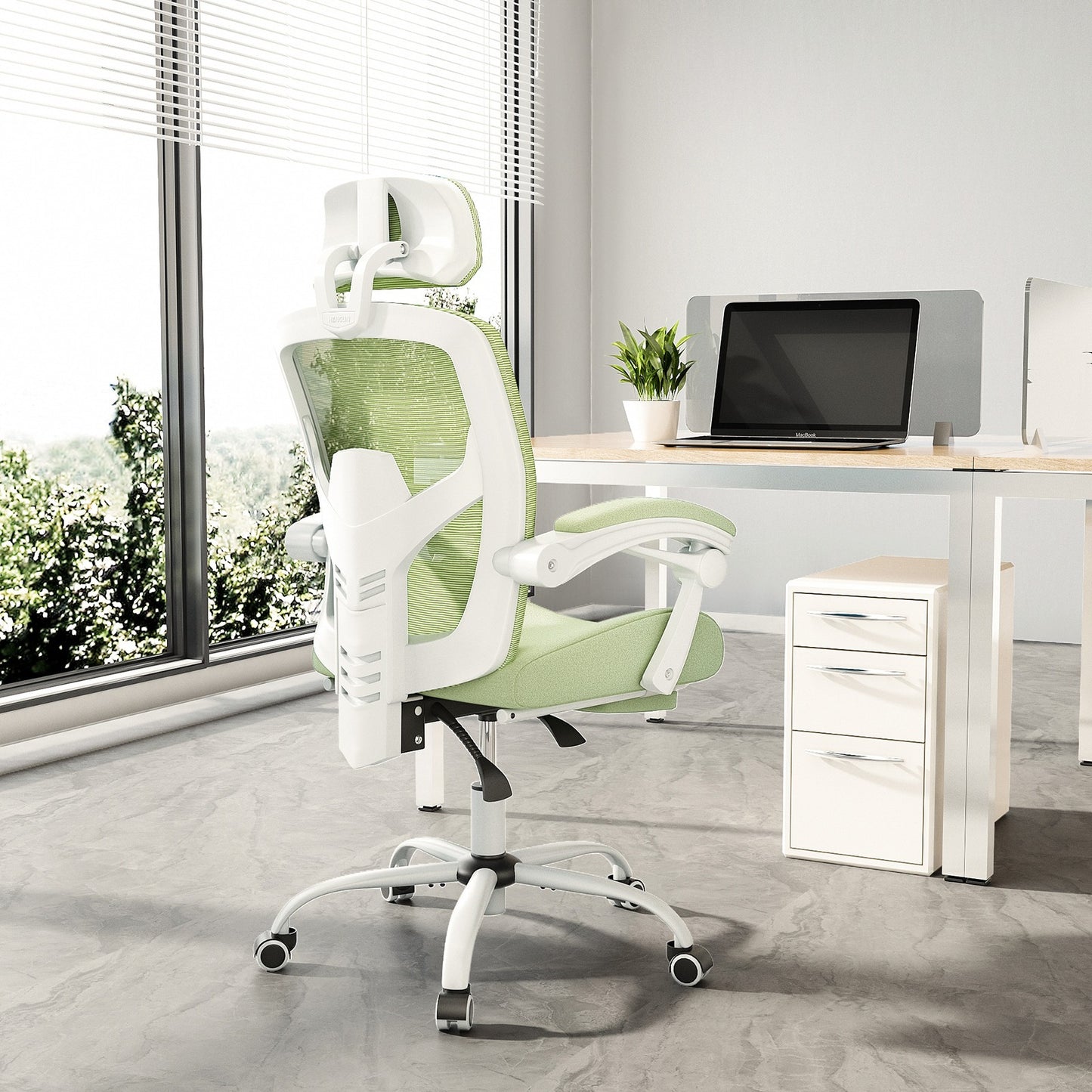 Home Office Desk Chair with Footrest and Headrest, High-Back Mesh Rolling Swivel Reclining Chairs with Wheels, Comfortable Headrest, Lumbar Support, Comfy Arms for Home, Office, Gaming, Student