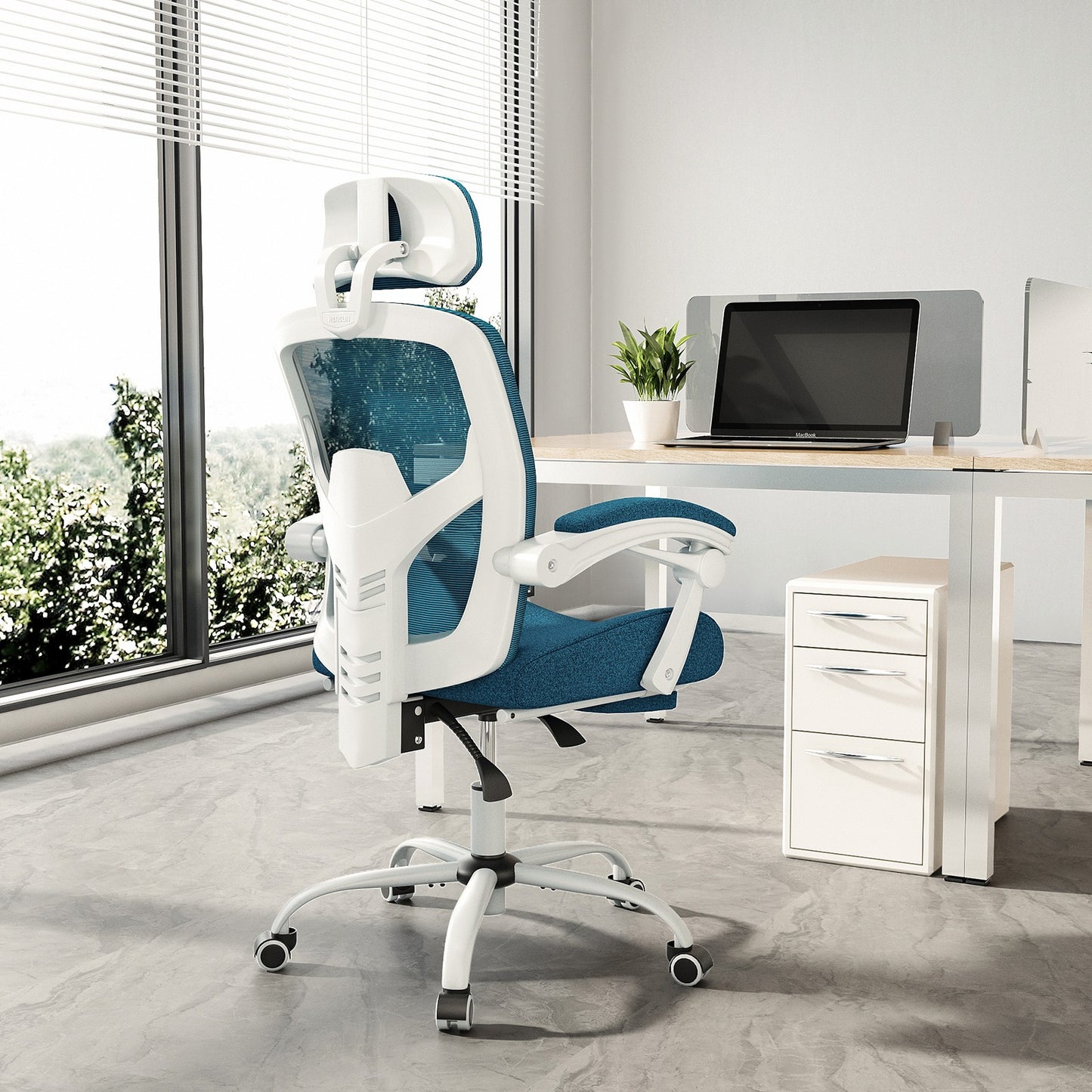 Home Office Desk Chair with Footrest and Headrest, High-Back Mesh Rolling Swivel Reclining Chairs with Wheels, Comfortable Headrest, Lumbar Support, Comfy Arms for Home, Office, Gaming, Student