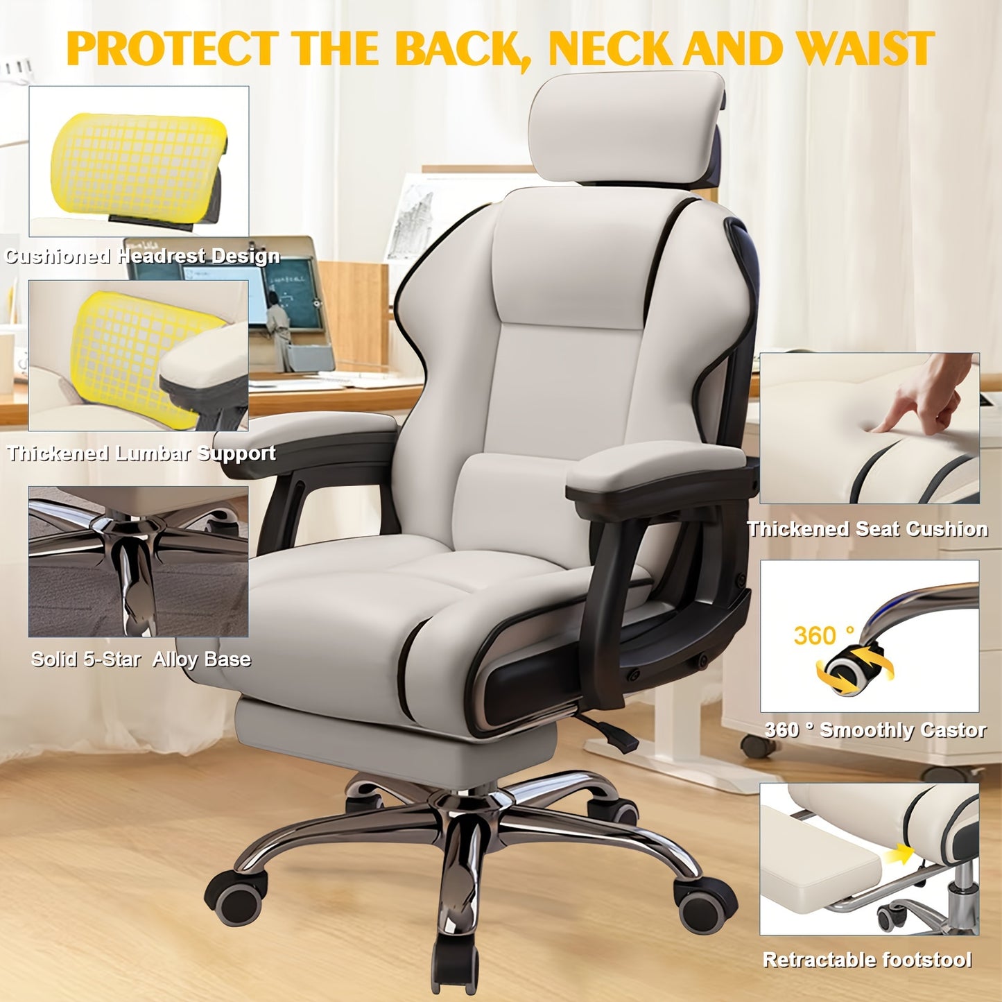EXecutive Computer Chair Home Office Desk Chair, Adjustable Angle, Ergonomic Adjustable Height Chairs With Cushions Armrest For Long Time Seating-High Office Chair With Footrest
