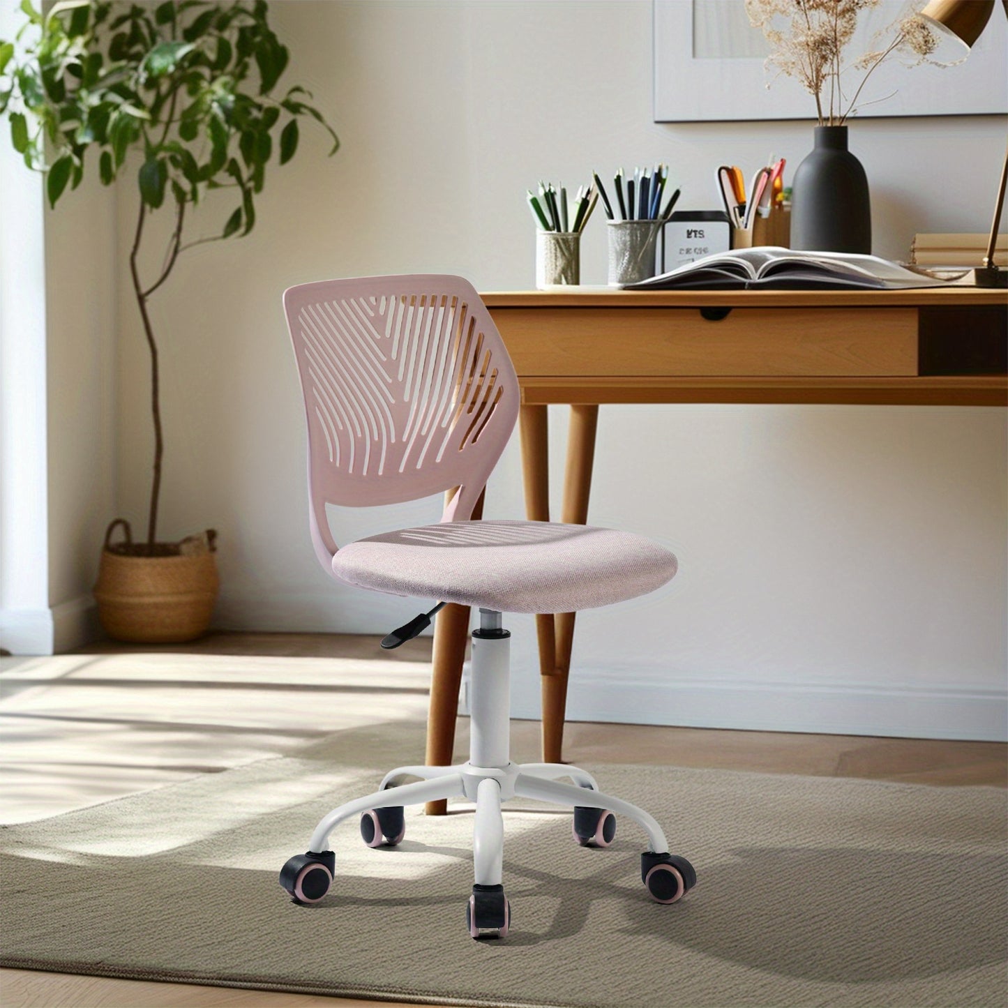 Homy Casa Pink Fabric Chair, Ergonomic Backrest, Thick Padded Seat, Swivel & Height Adjustable, Mobile Design for Home Office or Workspaces