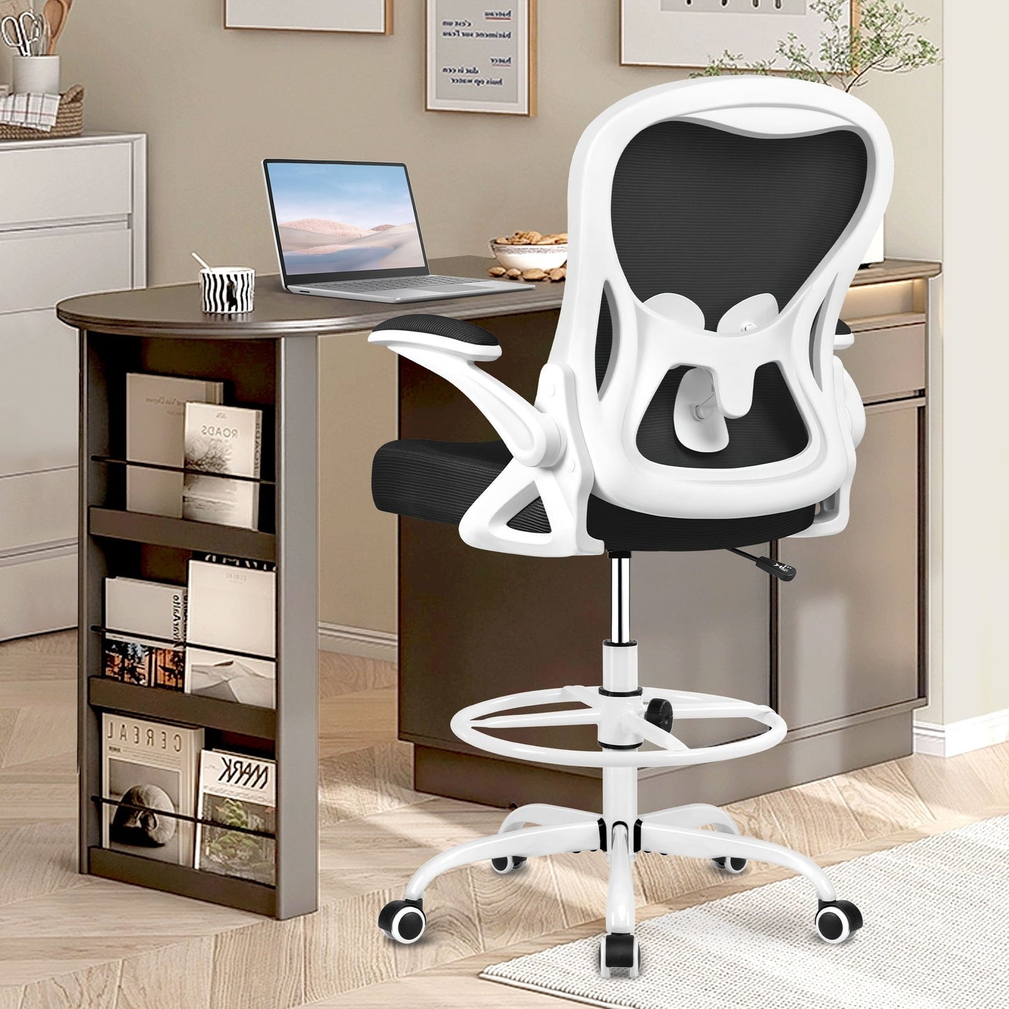 Actflame Drafting Chair Tall Office Chair With Flip-up Armrests Executive Ergonomic Computer Standing Desk Chair With Adjustable Lumbar Support And Adjustable Footrest Ring