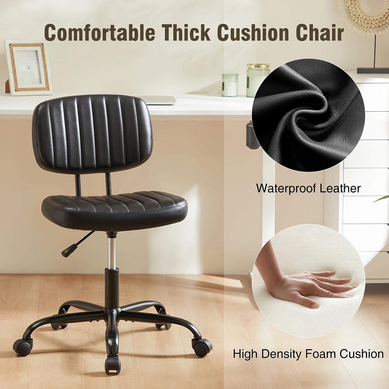 Portable Office Chair, Leather Texture, 5-wheel Swivel Base, Space-saving Design, Suitable For Use In Office, Living Room, School, Bedroom, Easy To Slide And Move