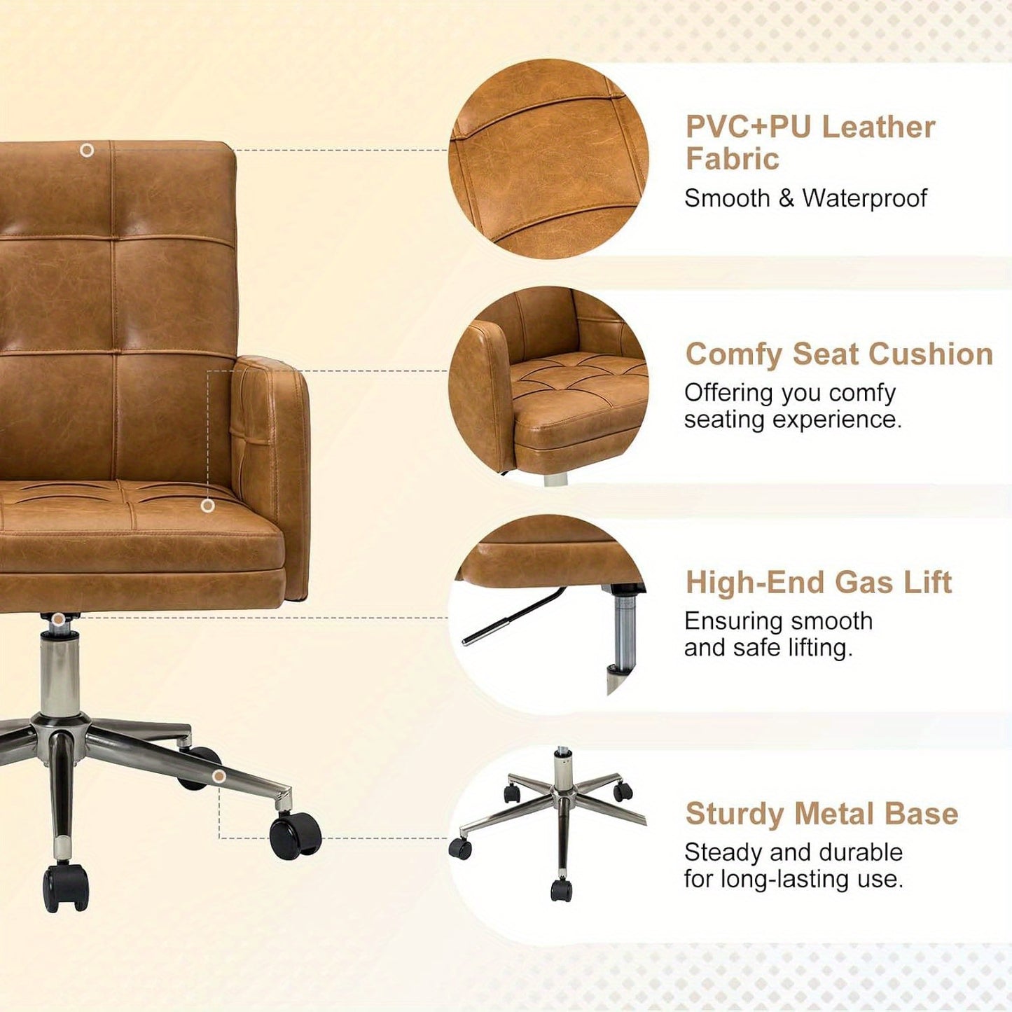 Office Chair with Mid Back Support & Armrests, Mid Century Modern Tufted Home Gaming Desk Chair, Height-Adjustable Swivel Computer Task Chair for Study Bedroom Living Room