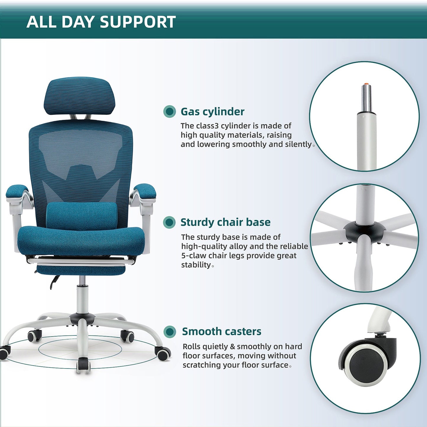 Home Office Desk Chair with Footrest and Headrest, High-Back Mesh Rolling Swivel Reclining Chairs with Wheels, Comfortable Headrest, Lumbar Support, Comfy Arms for Home, Office, Gaming, Student
