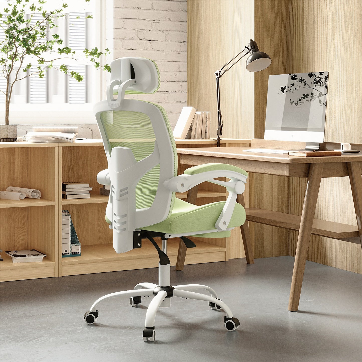 Home Office Desk Chair with Footrest and Headrest, High-Back Mesh Rolling Swivel Reclining Chairs with Wheels, Comfortable Headrest, Lumbar Support, Comfy Arms for Home, Office, Gaming, Student