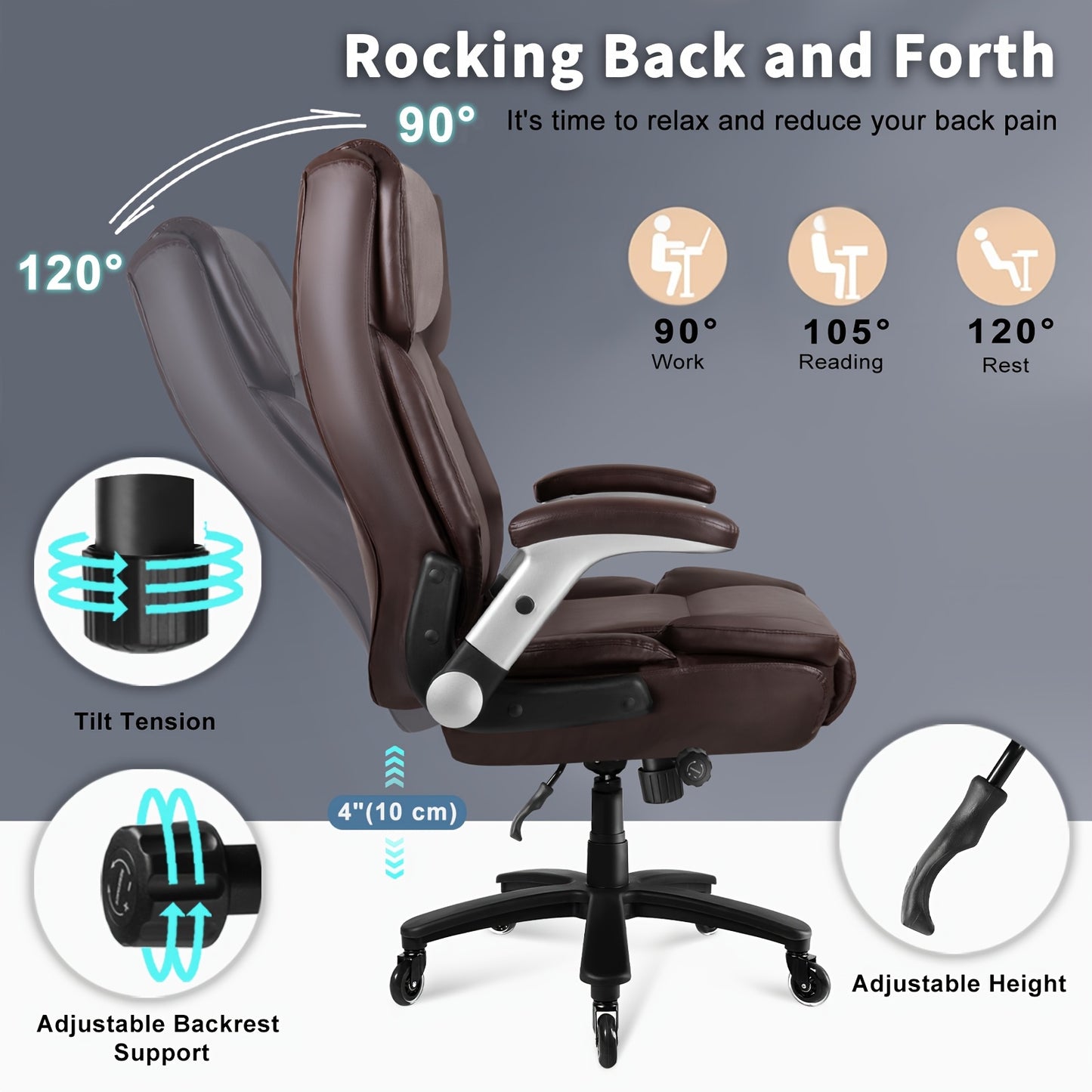 Big And Tall Office Chair 600lbs, Heavy Duty Executive Office Chair for Heavy People, Brown High Back Faux Leather Ergonomic Office Chair with Adjustable Armrests And Lumbar Support for Computer Desk Chair