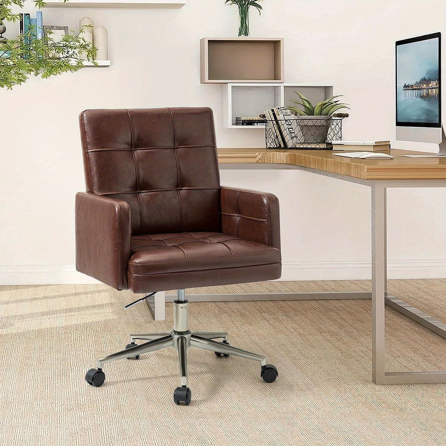 Office Chair with Mid Back Support & Armrests, Mid Century Modern Tufted Home Gaming Desk Chair, Height-Adjustable Swivel Computer Task Chair for Study Bedroom Living Room