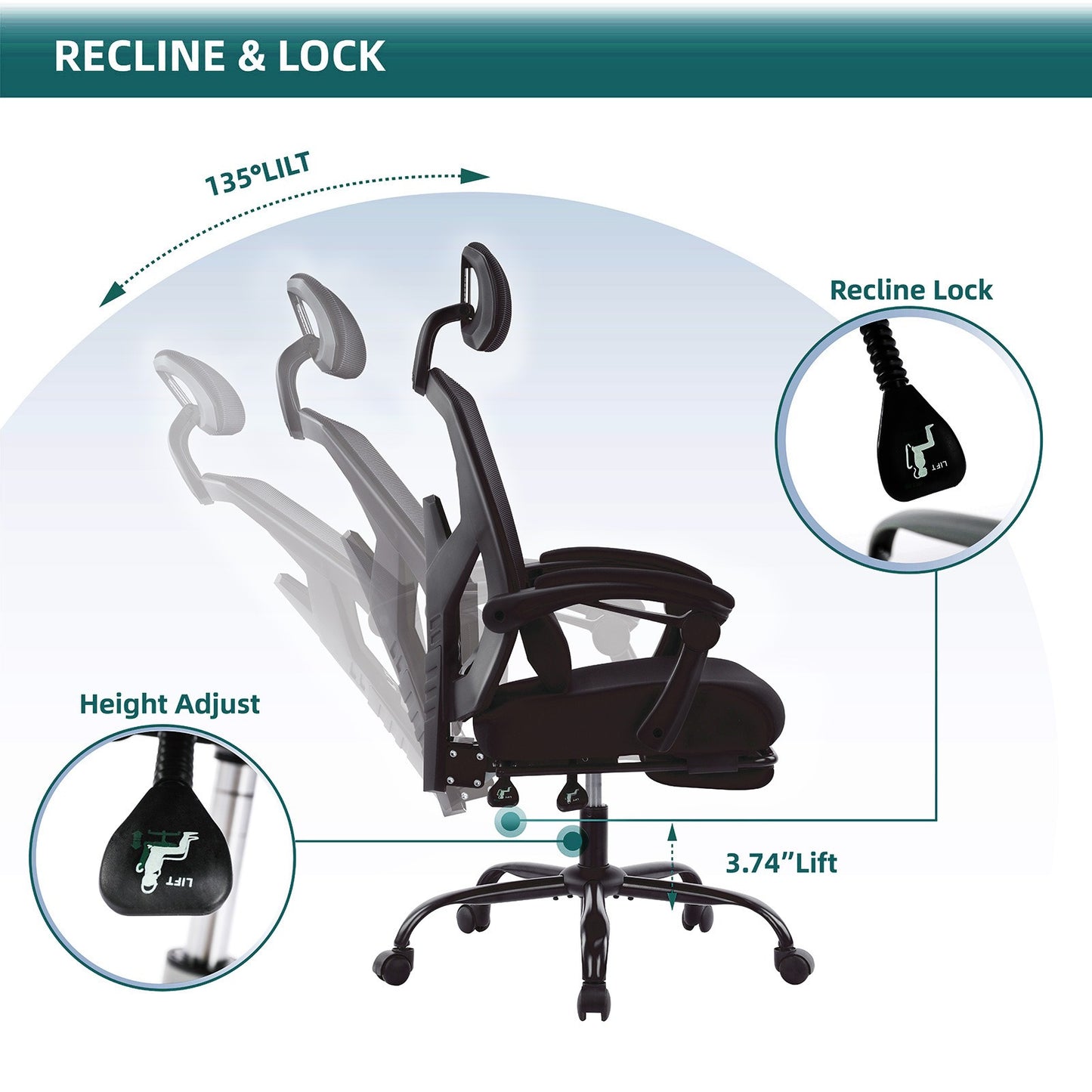 Home Office Desk Chair with Footrest and Headrest, High-Back Mesh Rolling Swivel Reclining Chairs with Wheels, Comfortable Headrest, Lumbar Support, Comfy Arms for Home, Office, Gaming, Student
