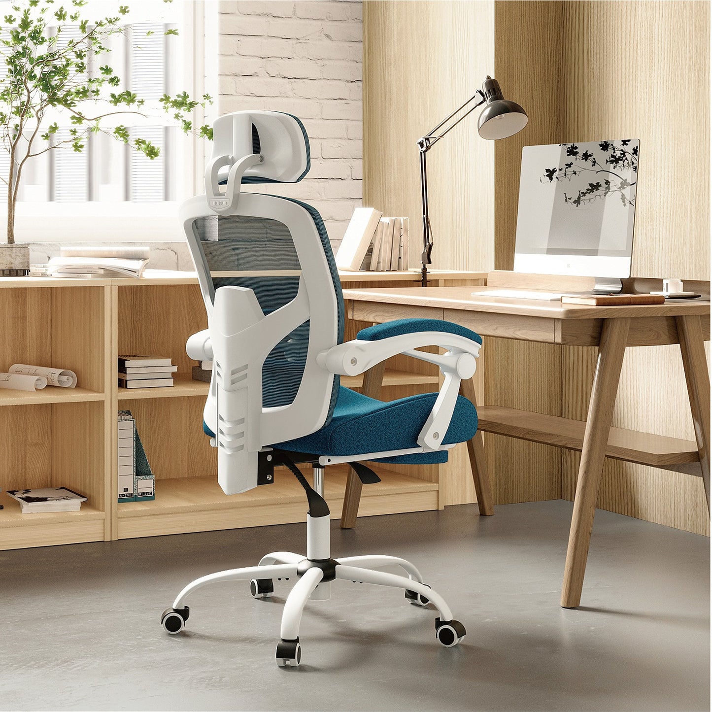 Home Office Desk Chair with Footrest and Headrest, High-Back Mesh Rolling Swivel Reclining Chairs with Wheels, Comfortable Headrest, Lumbar Support, Comfy Arms for Home, Office, Gaming, Student