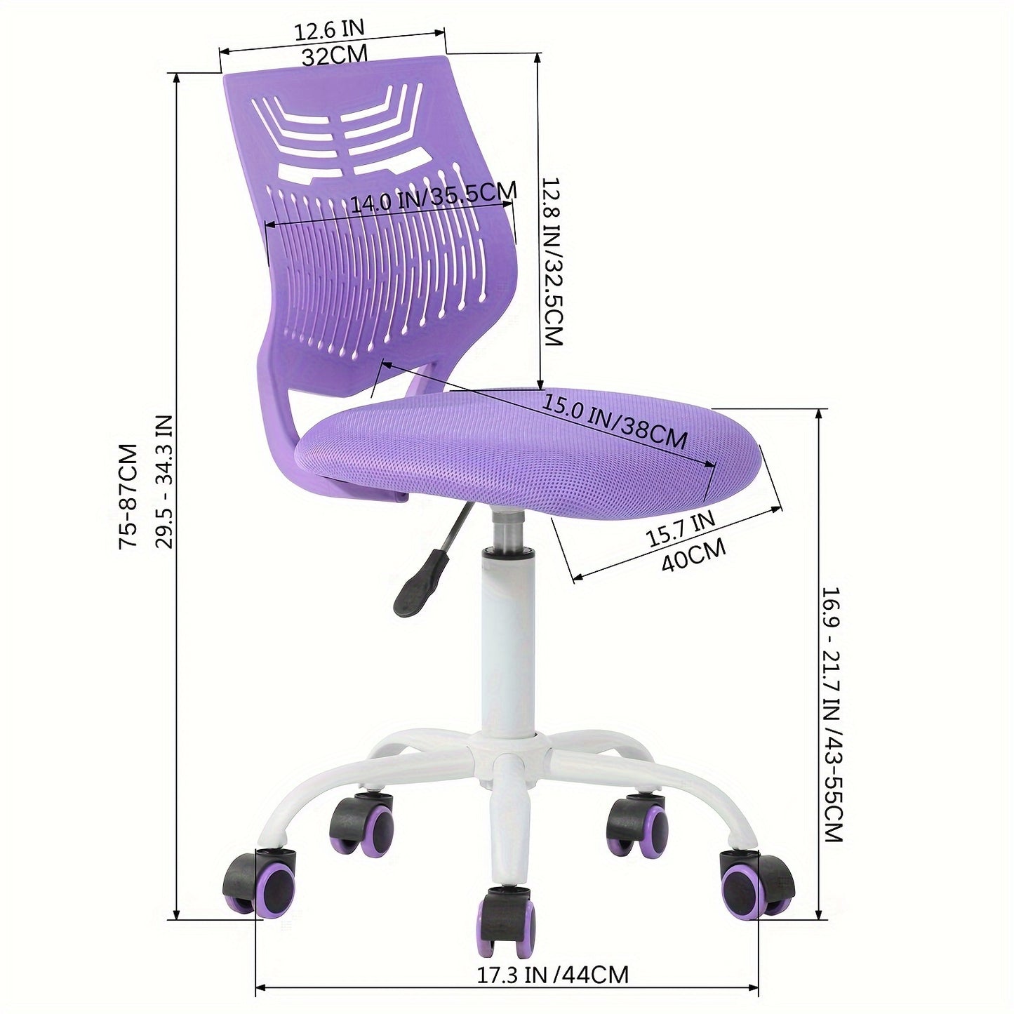 1pc Ergonomic Task Chair, Armless Desk Chair with Mesh Padded Cushion, Swivel Study Chair with Rolling Wheels, Open Back, Fabric Material, Non-Electric, Wipe Clean Care, for Hard Floor - Purple\u002FRose\u002FGreen, Office Chair Cushion