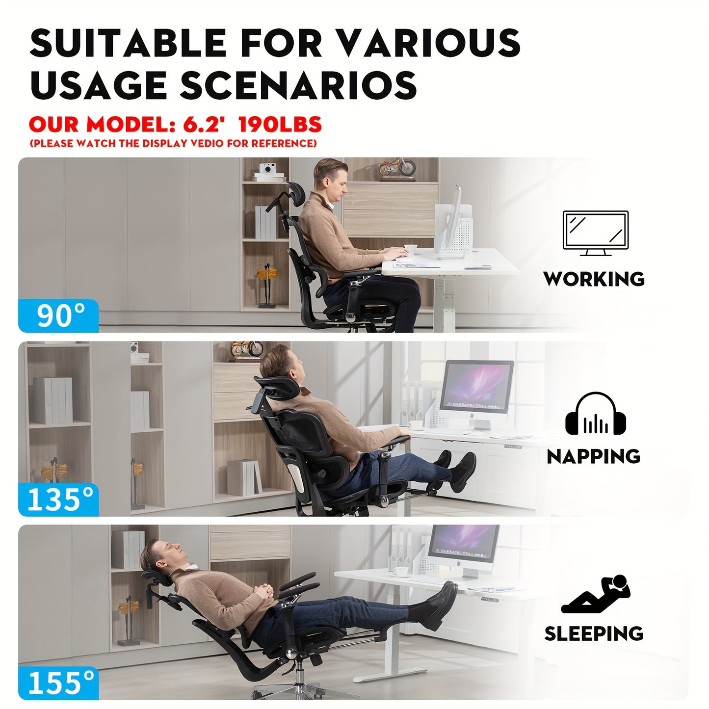 Mesh Ergonomic Office Chair With Footrest, High Back Computer Gaming Chair With Lumbar Support, Back Support, 6D Armrests For Big And Tall Napping Work Chair