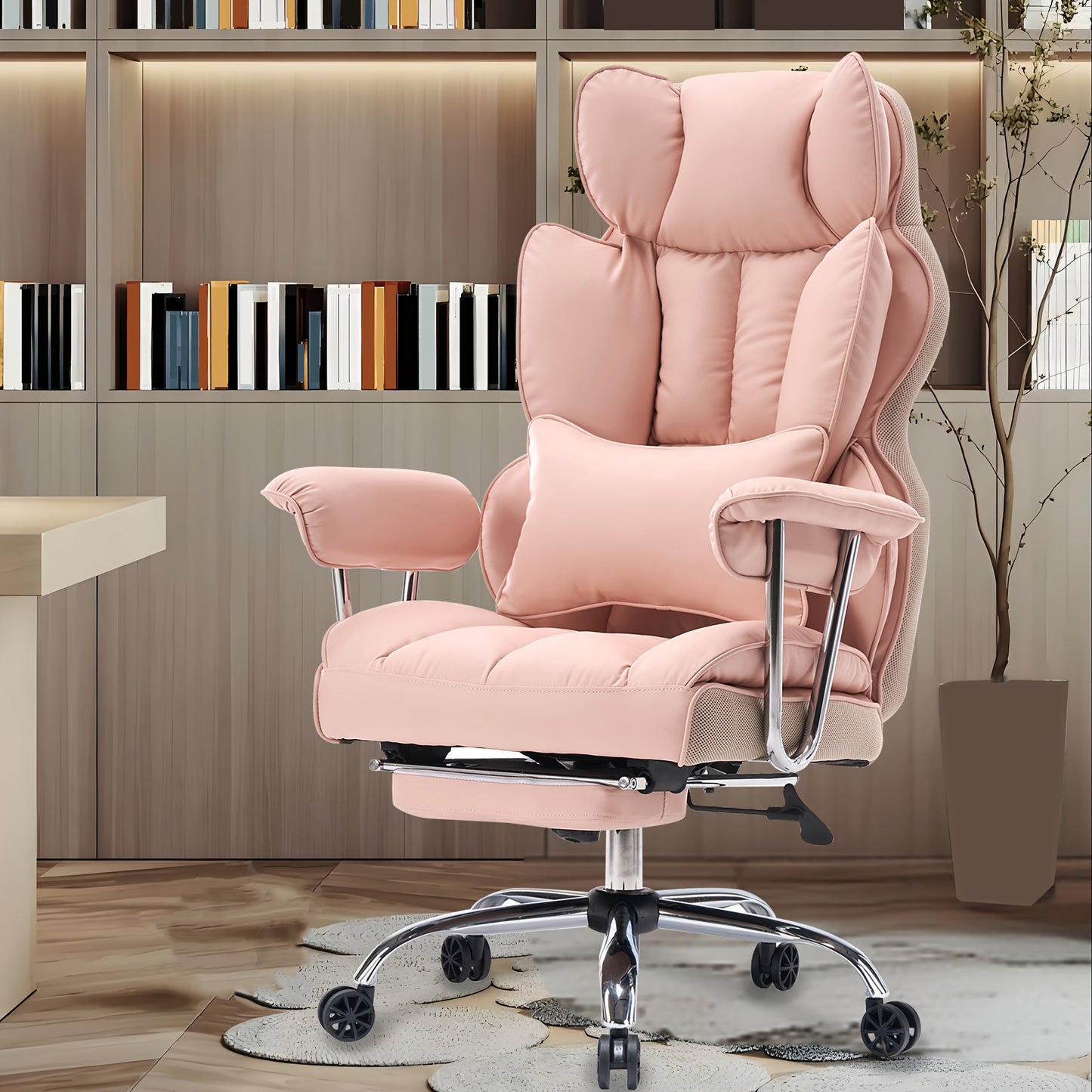 Efomao Office Chair 400LBS, Big and Tall Office Chair, Faux Leather Computer Chair, Executive Office Chair with Leg Rest and Lumbar Support, Pink Office Chair