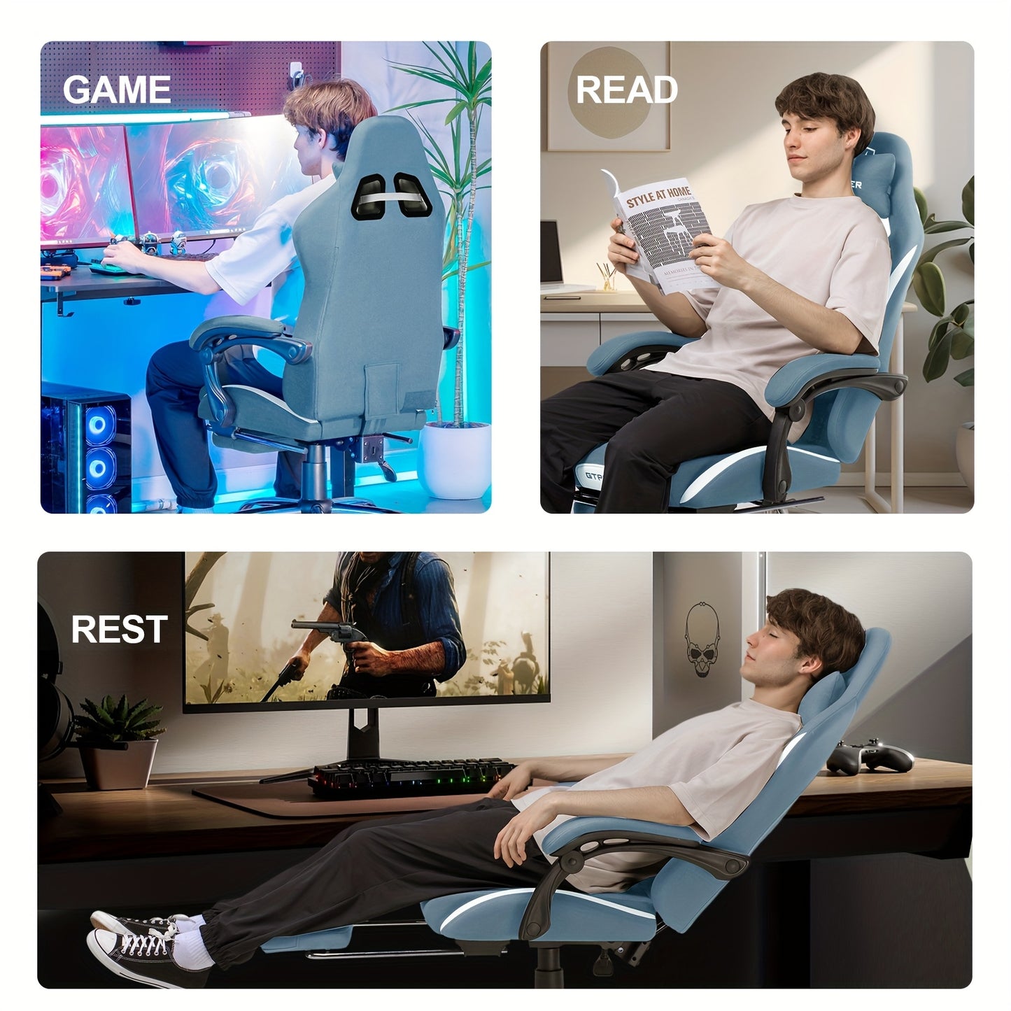 Ergonomic Gaming Chair with Lumbar Support, Breathable Fabric Computer Chair with Pocket Spring Cushion, Footrest for Adult Gamers, Metal Frame with Sponge Filling