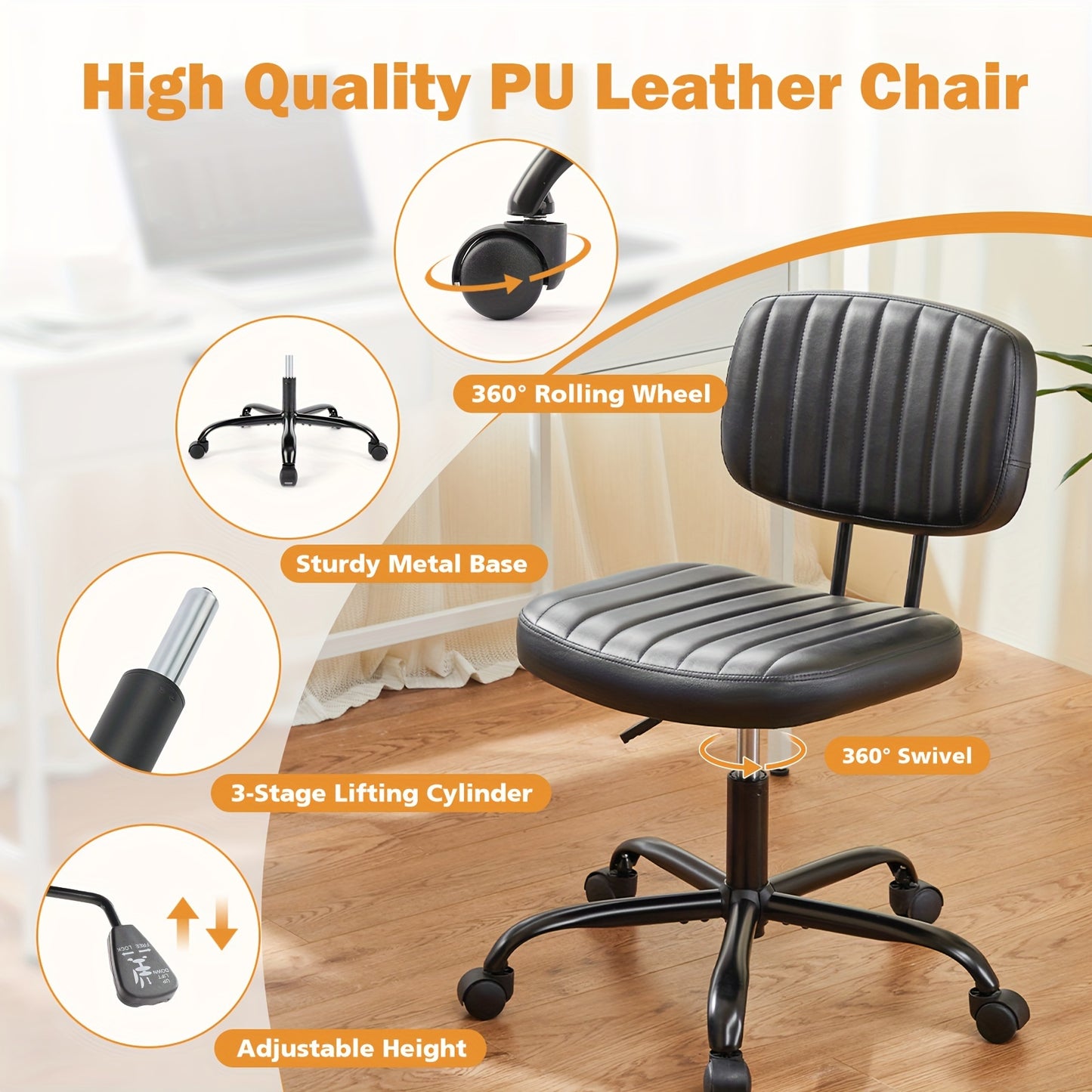 Idle Way Compact PU Leather Office Chair with Lumbar Support- Stylish Armless Swivel Task Chair on Wheels for Home Office and Study- Comfortable and Functional