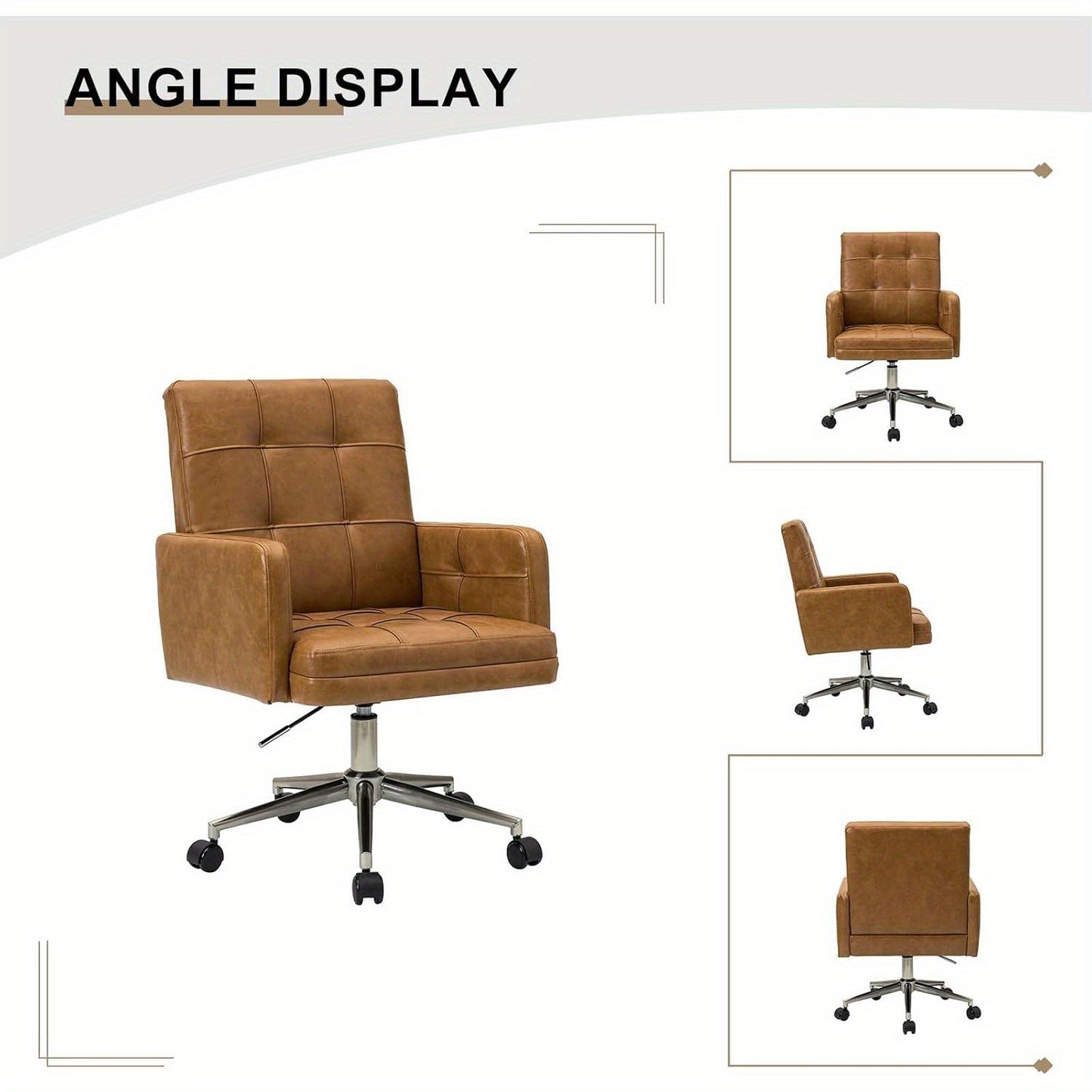 Office Chair with Mid Back Support & Armrests, Mid Century Modern Tufted Home Gaming Desk Chair, Height-Adjustable Swivel Computer Task Chair for Study Bedroom Living Room