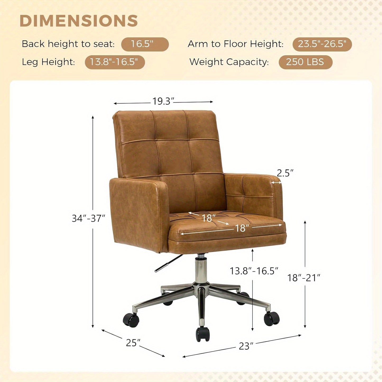 Office Chair with Mid Back Support & Armrests, Mid Century Modern Tufted Home Gaming Desk Chair, Height-Adjustable Swivel Computer Task Chair for Study Bedroom Living Room
