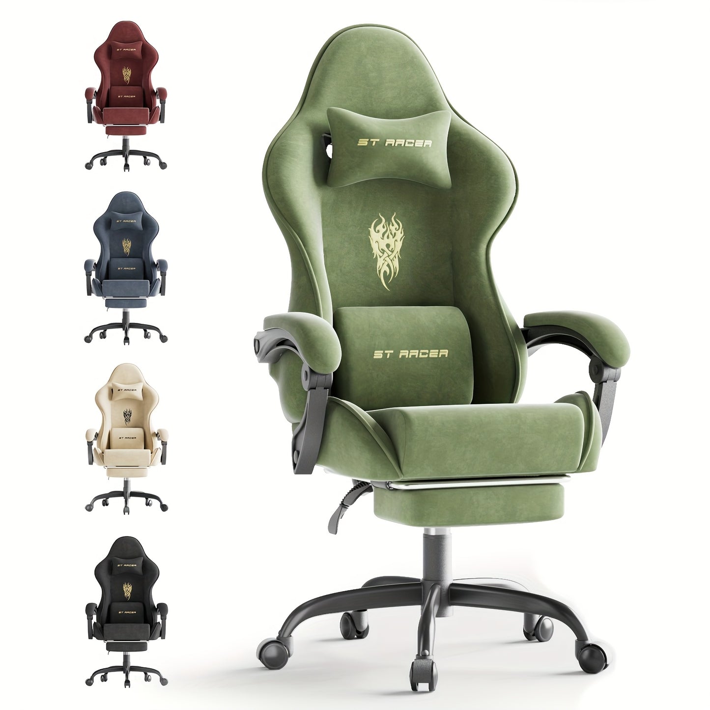 Velvet Fabric Gaming Chair, High Back Ergonomic Gamer Chair for Adult, Comfortable Video Game Chair with Footrest And Massage Lumbar Cushion