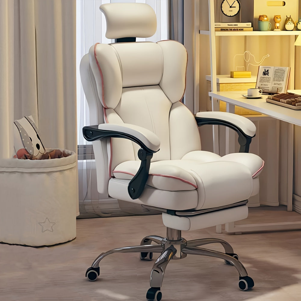 Ergonomic Big & Tall Office Chair - High Back Gaming Chair with Adjustable Height, Swivel Base, Lumbar Support & Foot Rest - White with Pink Accents, Metal Frame, Memory Foam Cushion for Comfort, Desk Chair