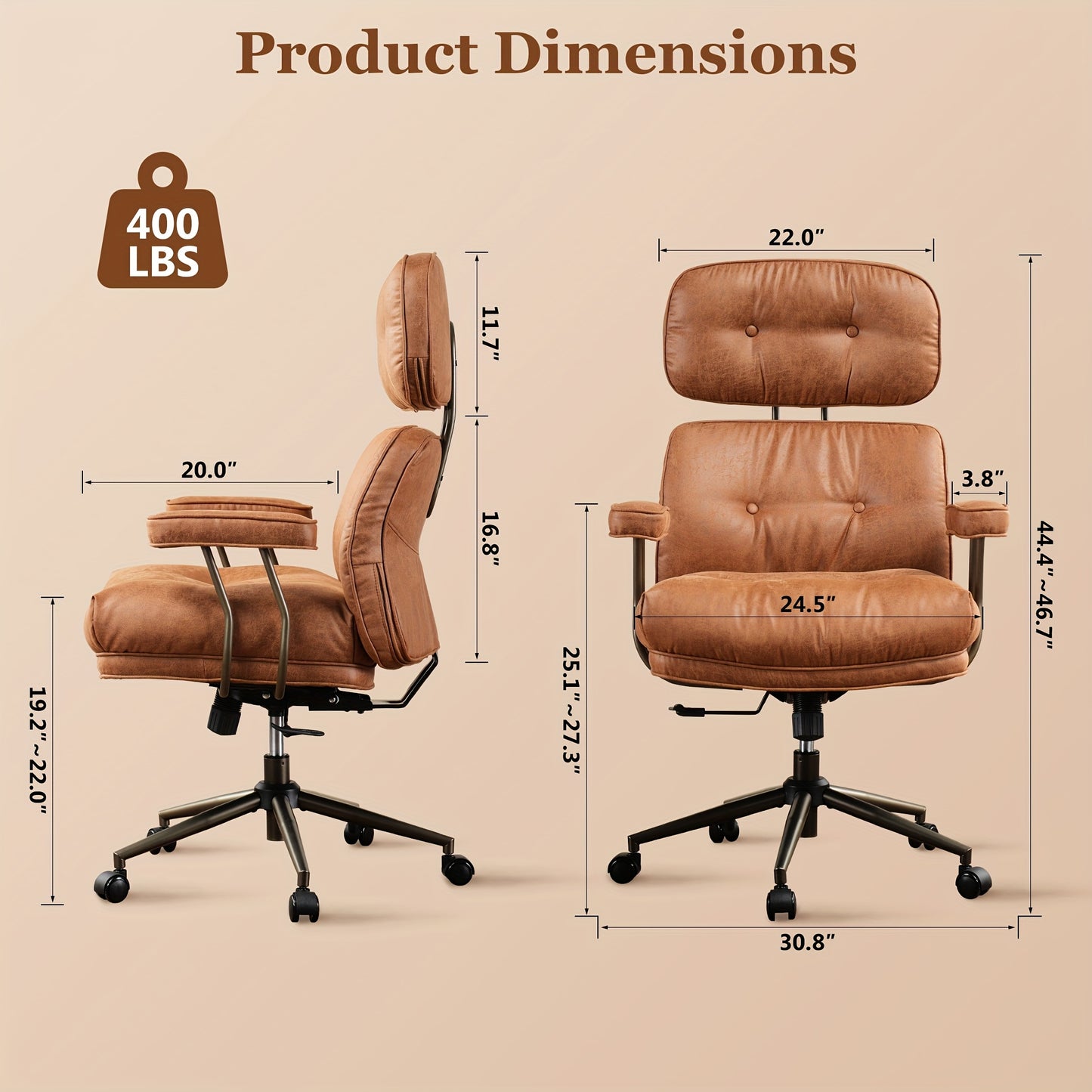 Elegant Style | Ergonomic Mid-Century Modern Suede Office Chair, High Back Adjustable Desk Chair with Padded Armrests and Lumbar Support, Stylish Executive Chair for Home Office, Brown Faux Leather-Like Finish with Metal Frame, HOOOWOOO