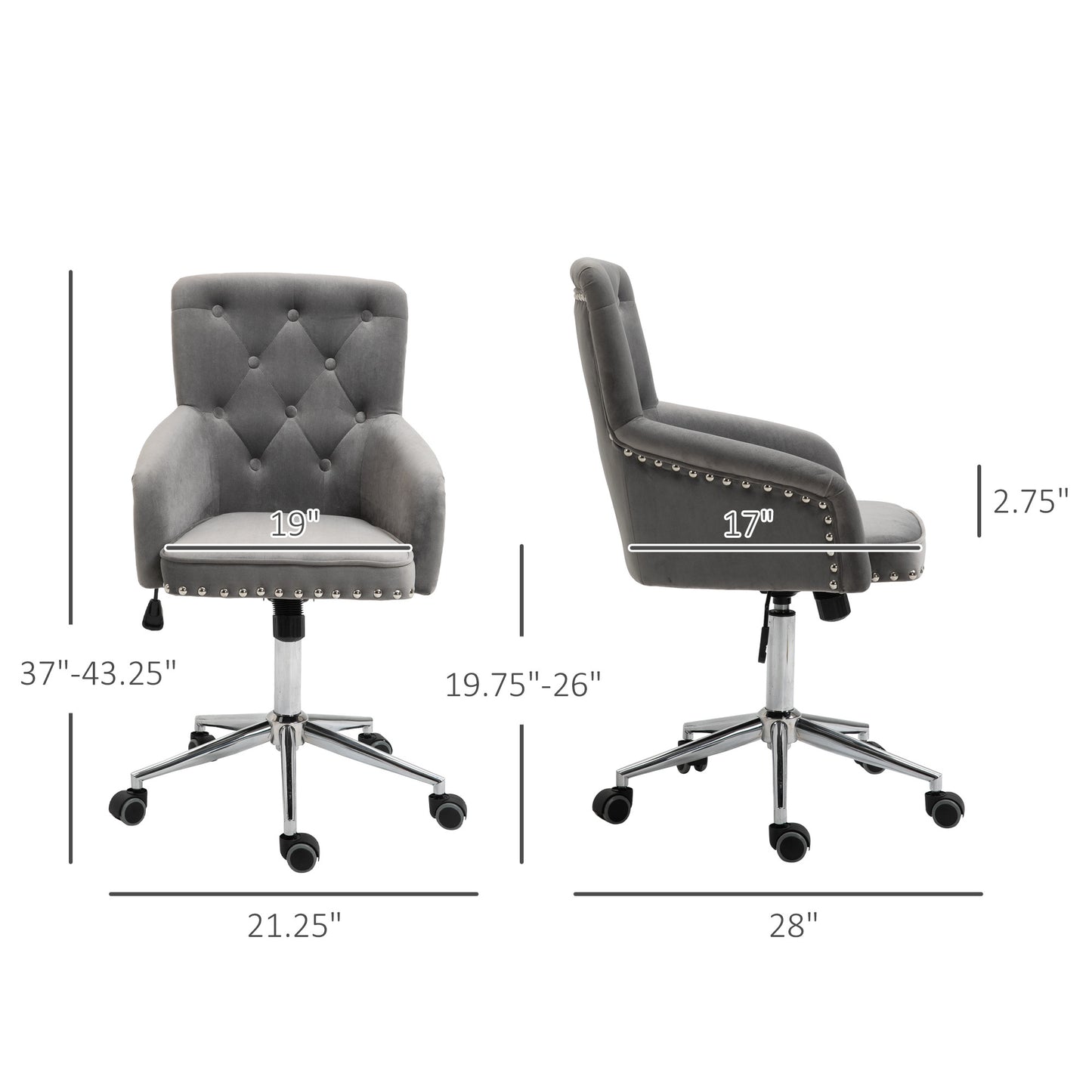 HOMCOM Modern Mid-back Desk Chair with Button Tufted Velvet Back, Nailhead Trim, Swivel Home Office Chair with Adjustable Height, Curved Padded Armrests, Black